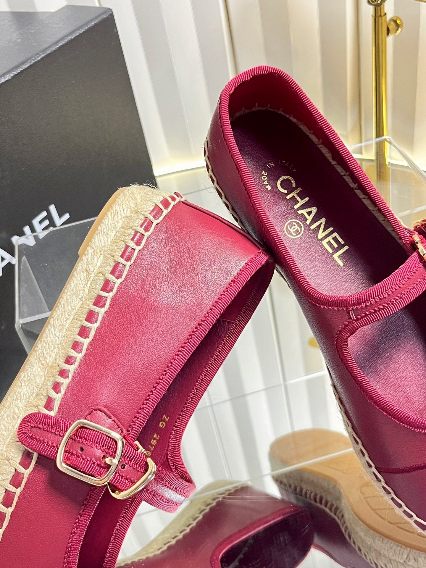 CHANEL 26S ESPADRILLE MARY JANE SHOES IN DARK RED LAMBSKIN
