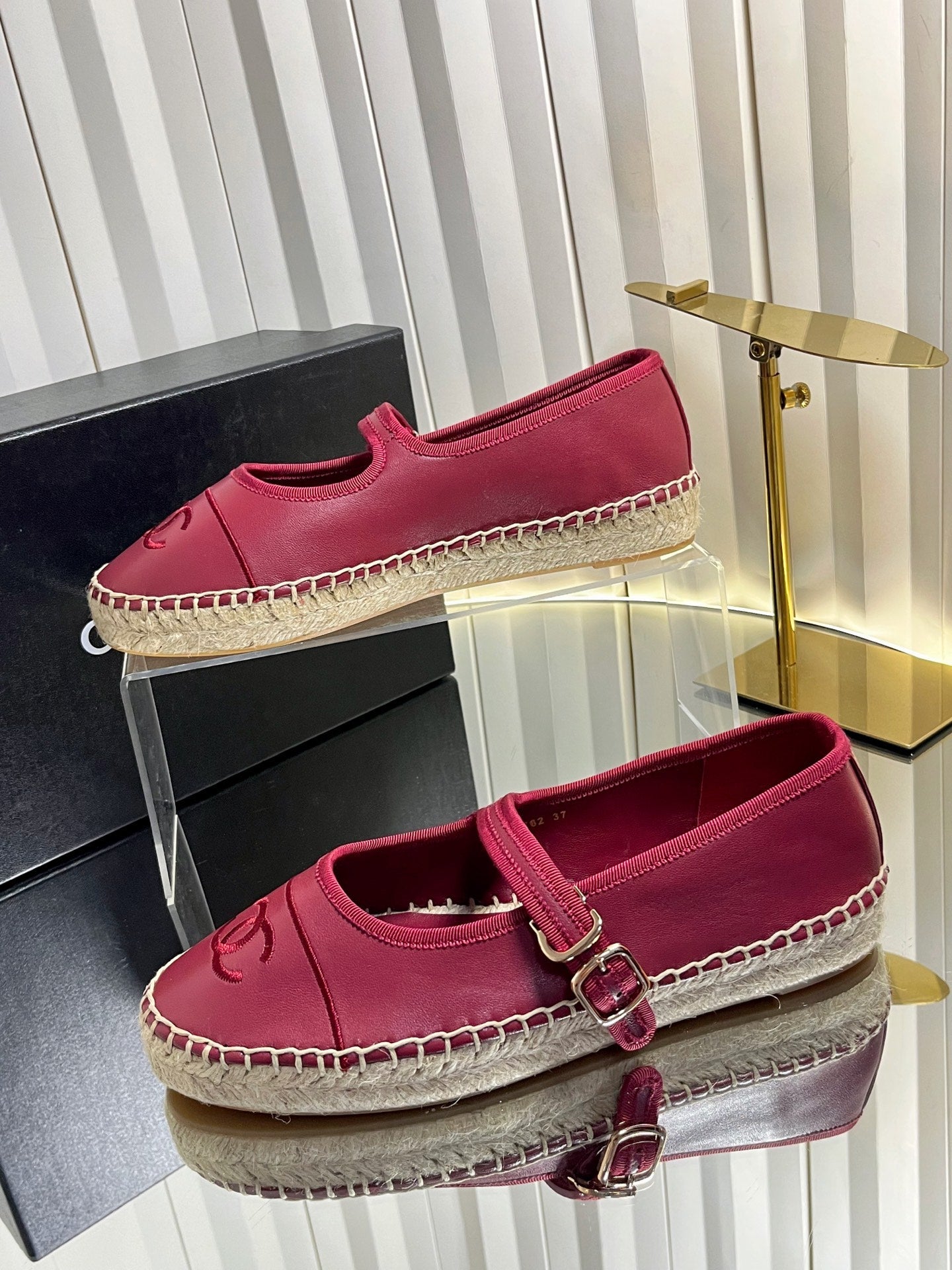 CHANEL 26S ESPADRILLE MARY JANE SHOES IN DARK RED LAMBSKIN