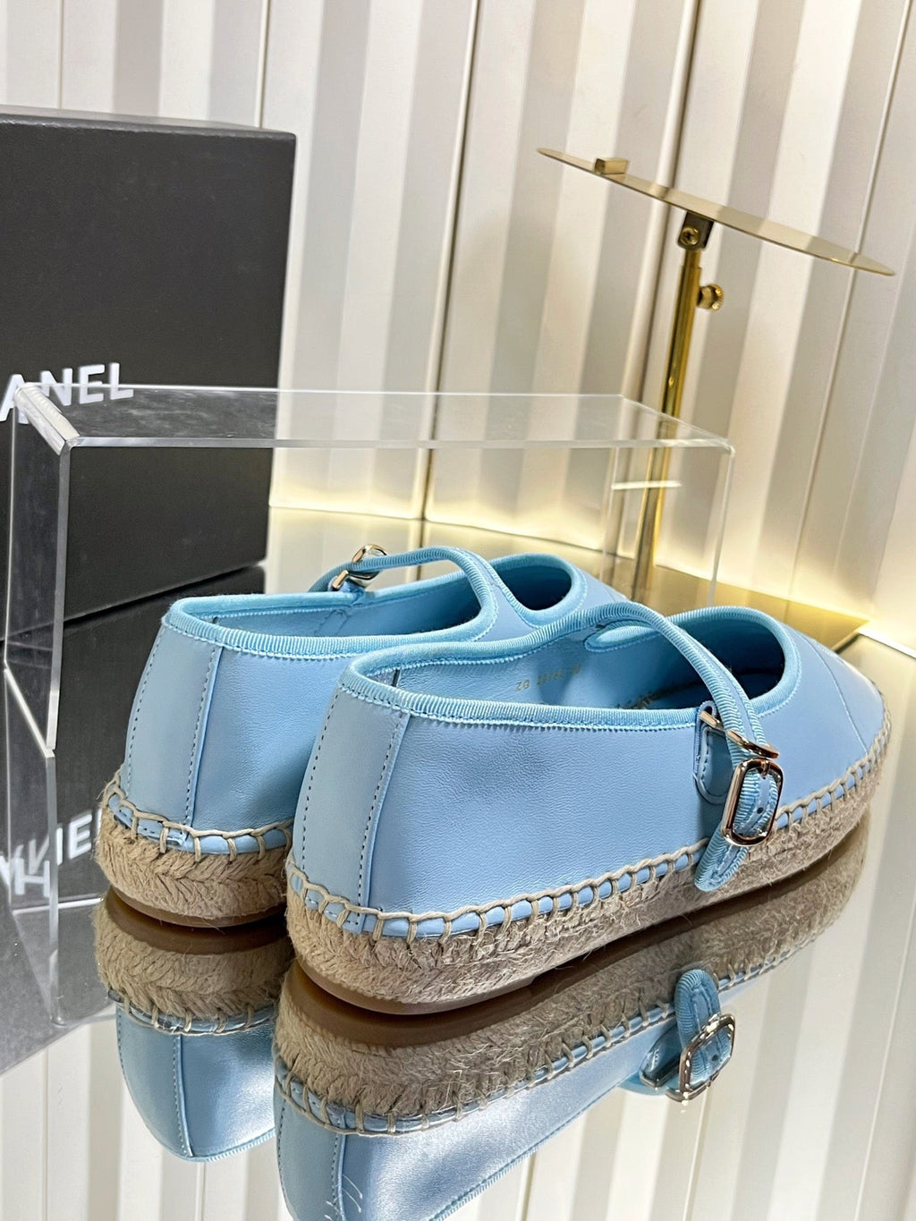 CHANEL 26S ESPADRILLE MARY JANE SHOES IN BLUE LAMBSKIN