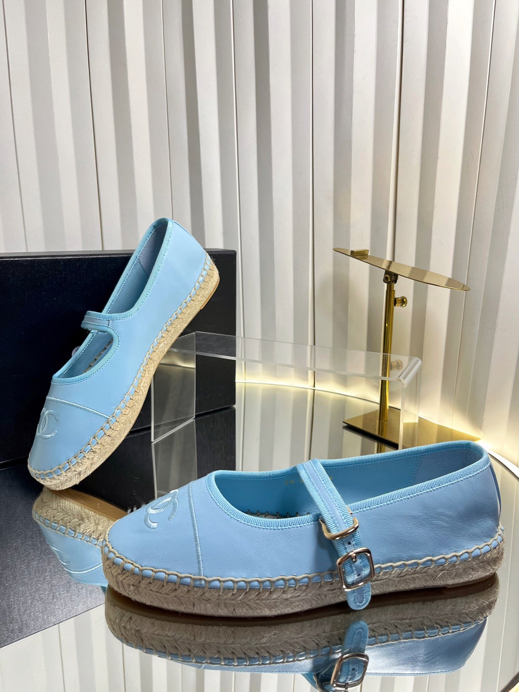 CHANEL 26S ESPADRILLE MARY JANE SHOES IN BLUE LAMBSKIN