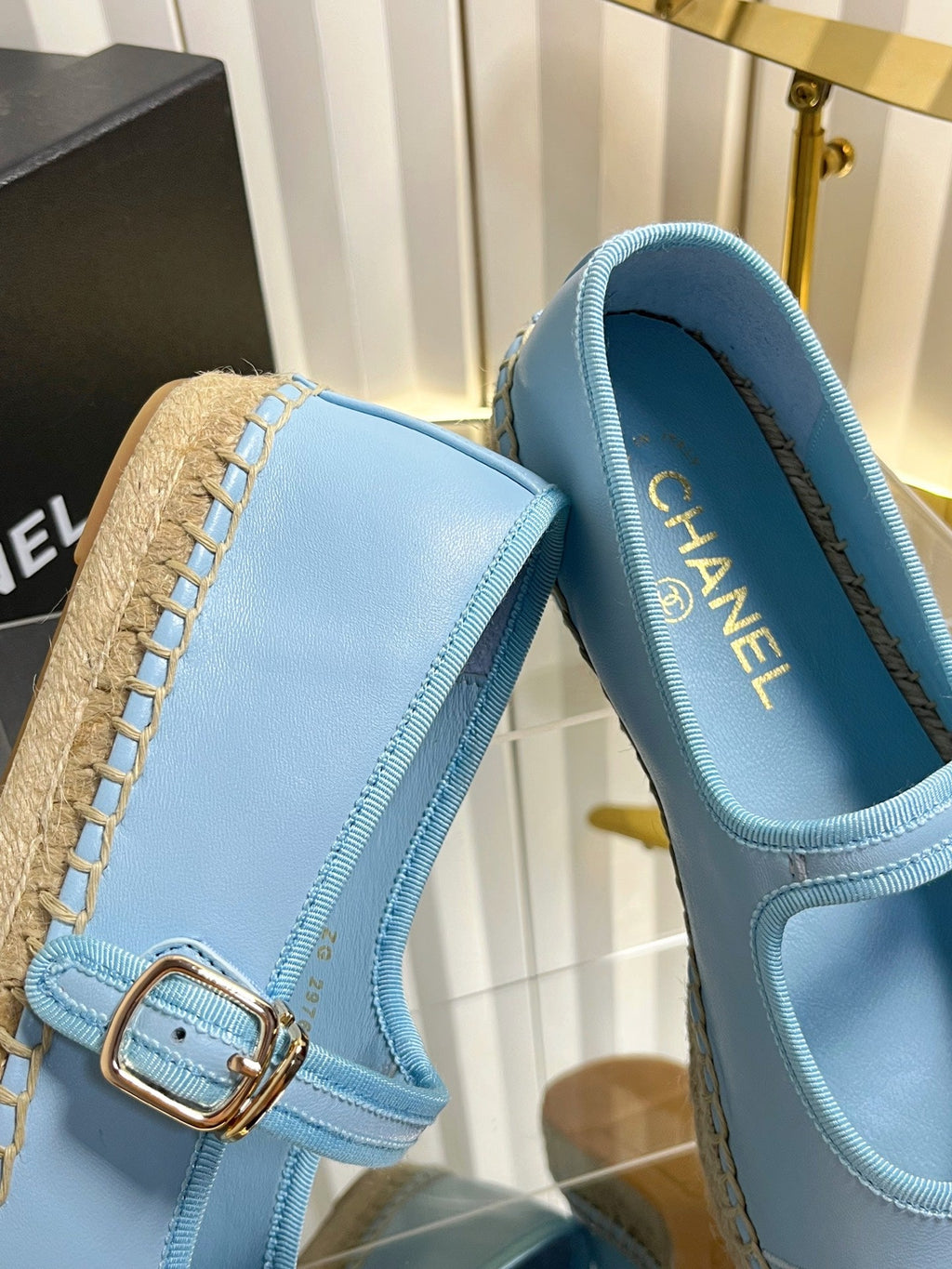 CHANEL 26S ESPADRILLE MARY JANE SHOES IN BLUE LAMBSKIN