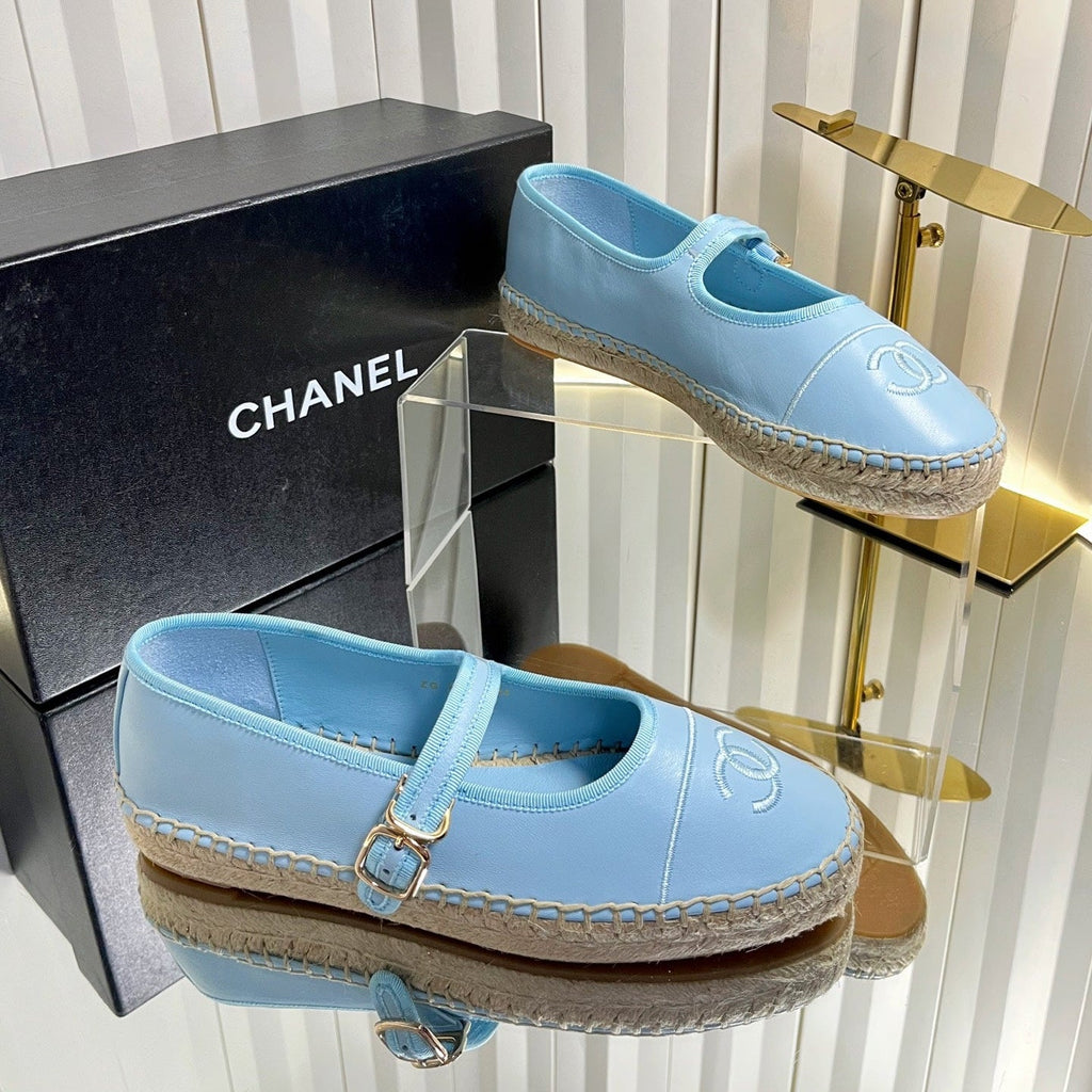 CHANEL 26S ESPADRILLE MARY JANE SHOES IN BLUE LAMBSKIN