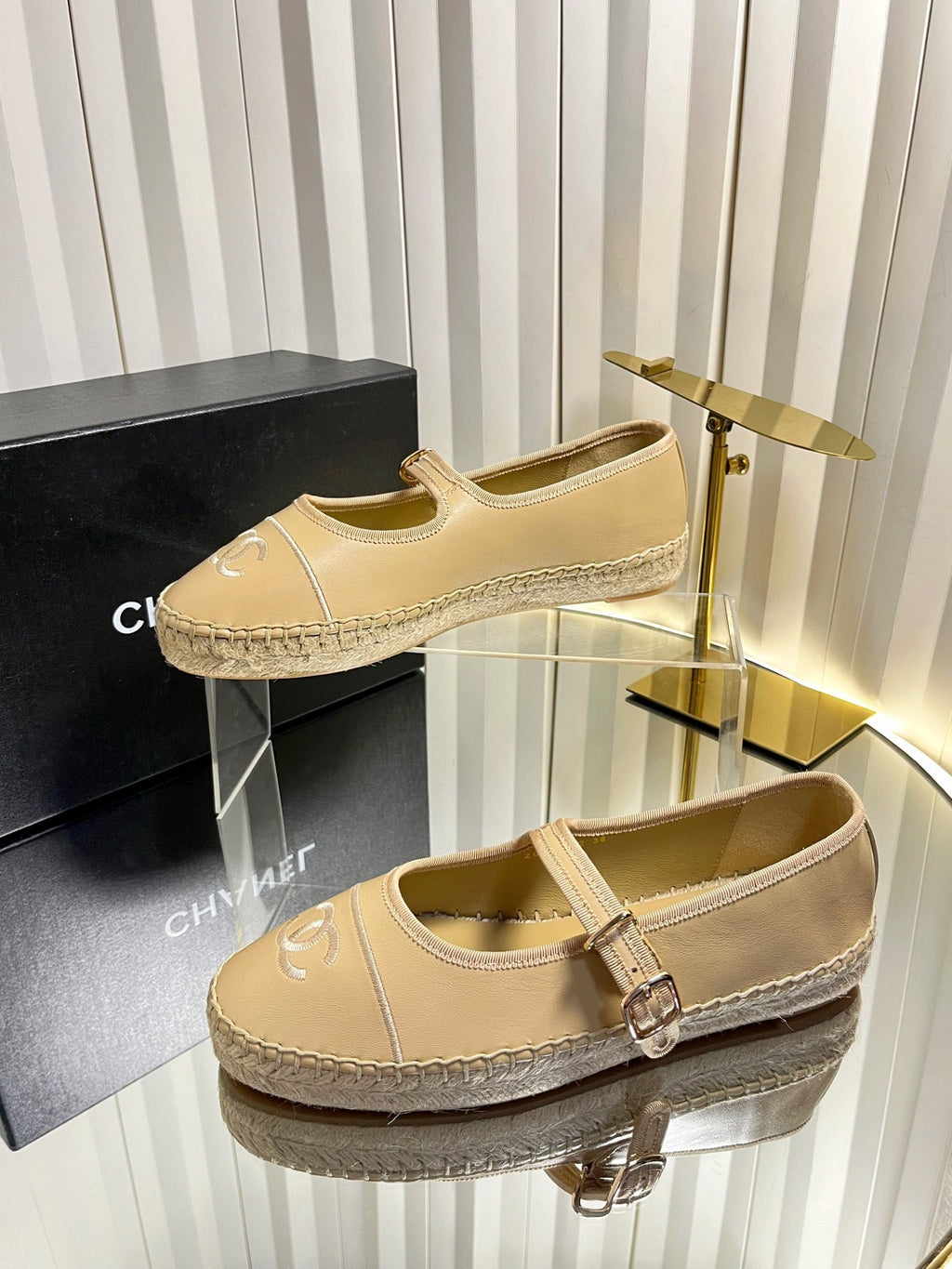 CHANEL 26S ESPADRILLE MARY JANE SHOES IN BEIGE LAMBSKIN