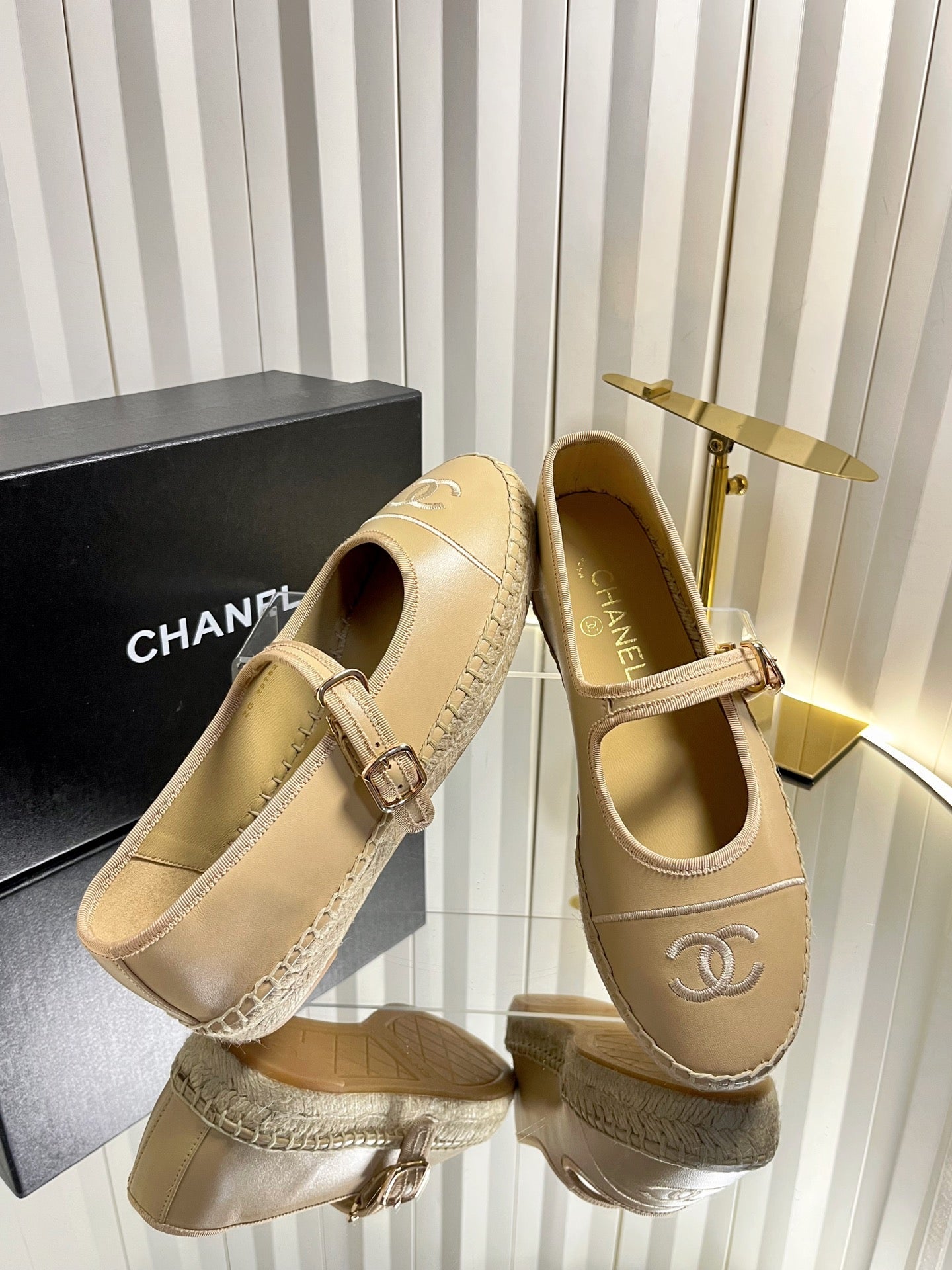 CHANEL 26S ESPADRILLE MARY JANE SHOES IN BEIGE LAMBSKIN
