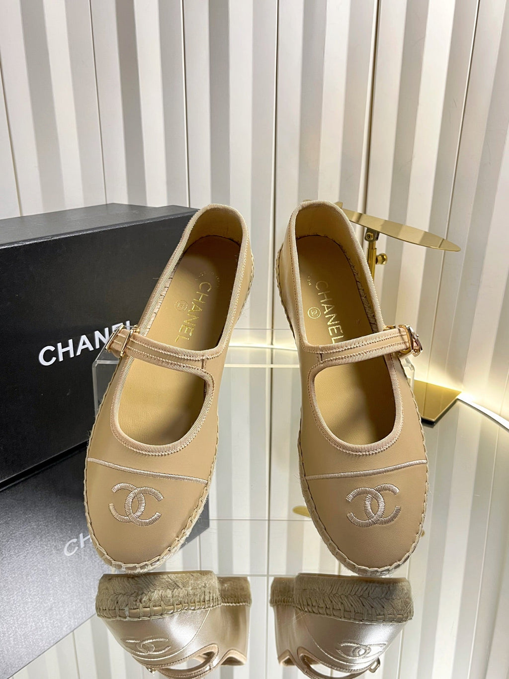 CHANEL 26S ESPADRILLE MARY JANE SHOES IN BEIGE LAMBSKIN