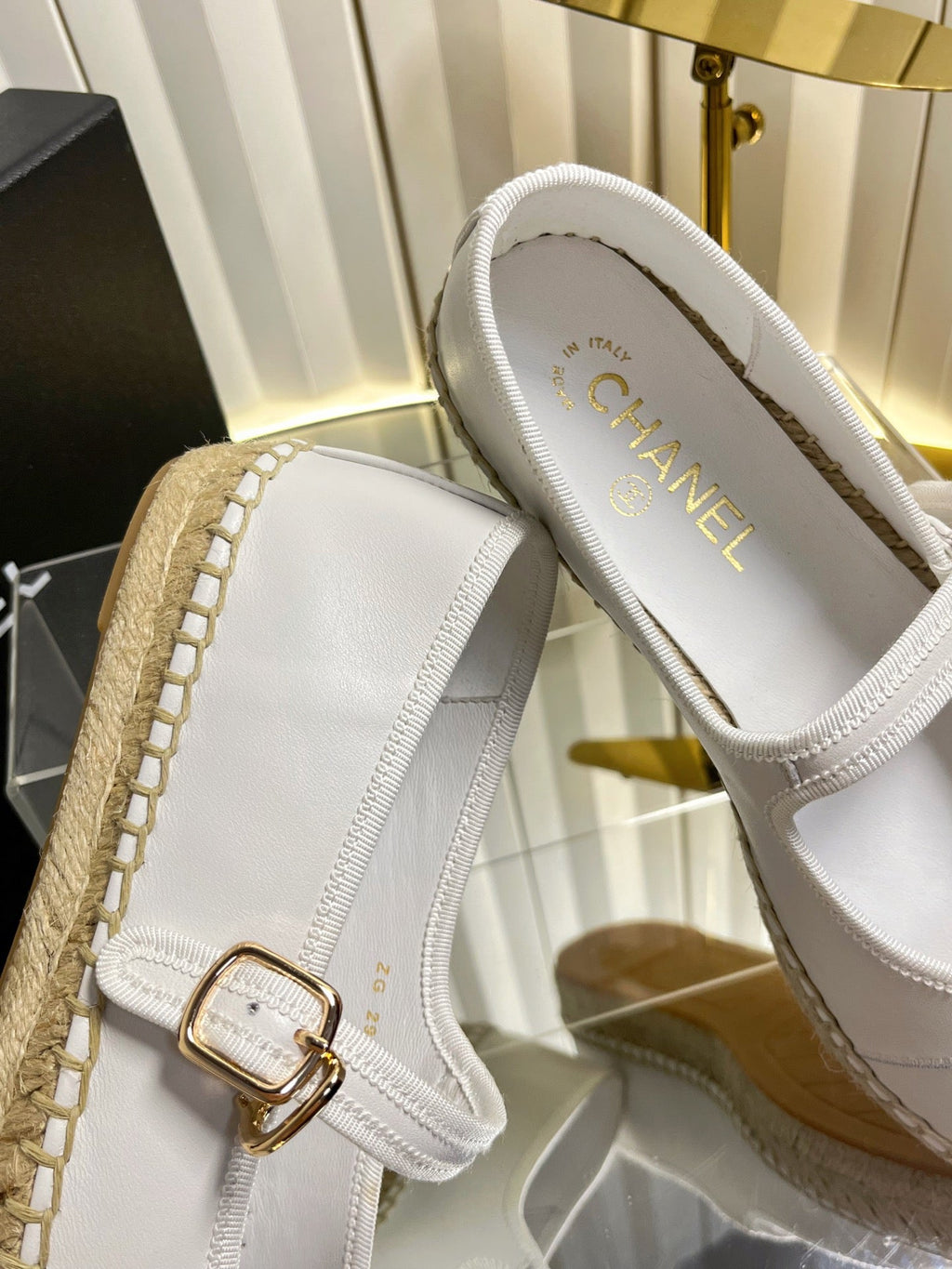 CHANEL 26S ESPADRILLE MARY JANE SHOES IN WHITE LAMBSKIN
