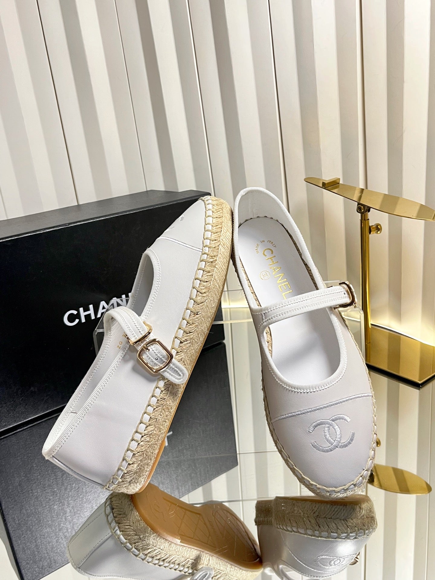 CHANEL 26S ESPADRILLE MARY JANE SHOES IN WHITE LAMBSKIN