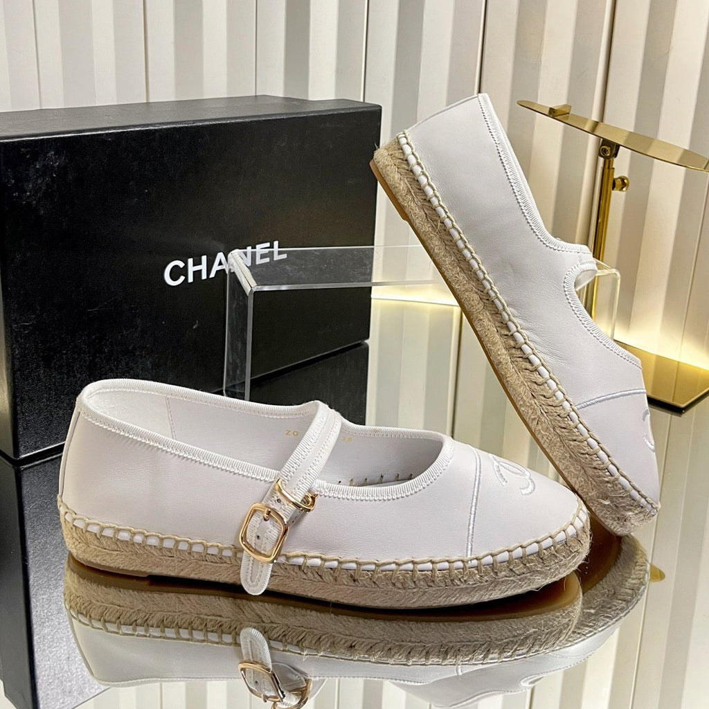 CHANEL 26S ESPADRILLE MARY JANE SHOES IN WHITE LAMBSKIN
