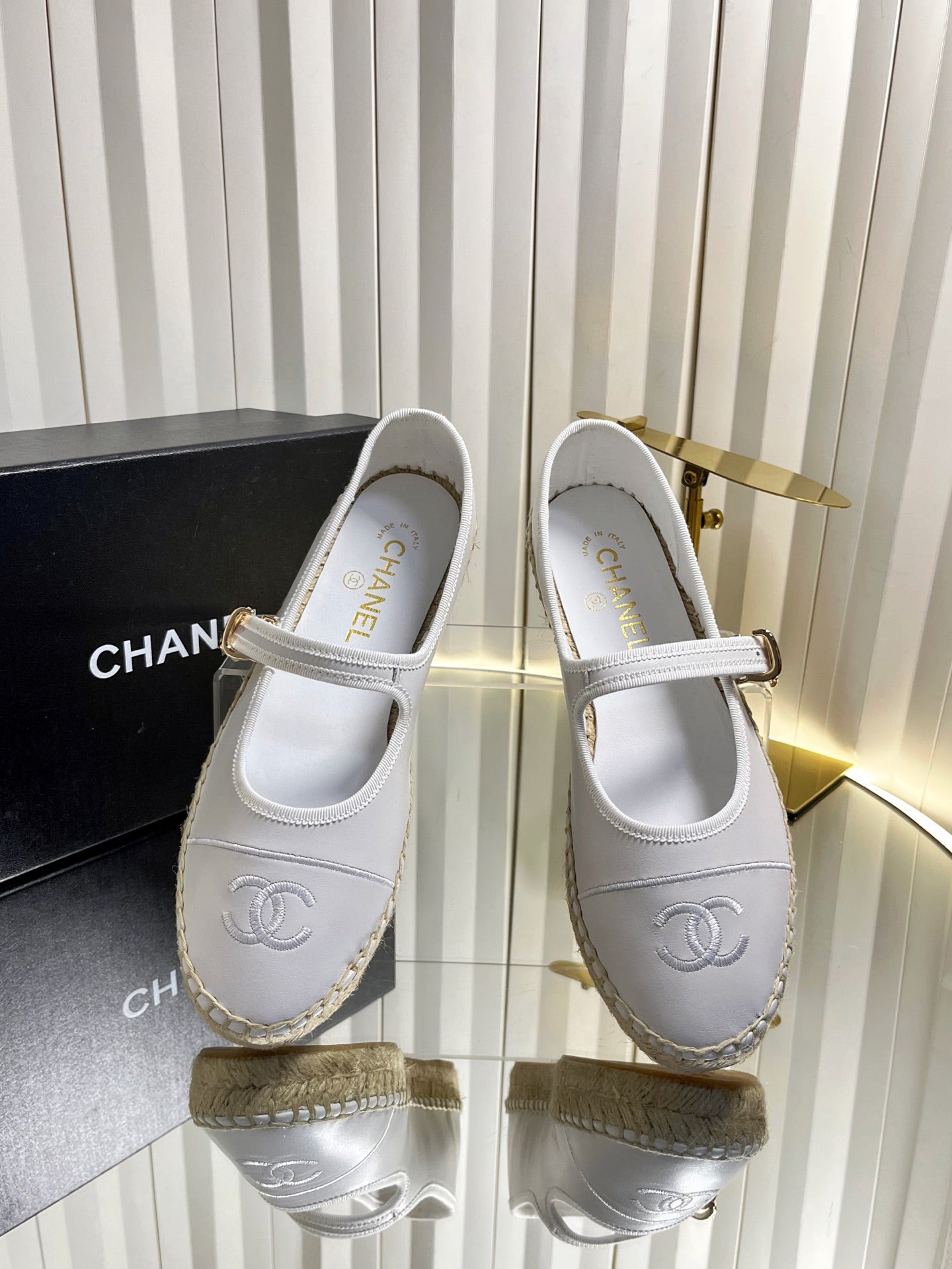 CHANEL 26S ESPADRILLE MARY JANE SHOES IN WHITE LAMBSKIN