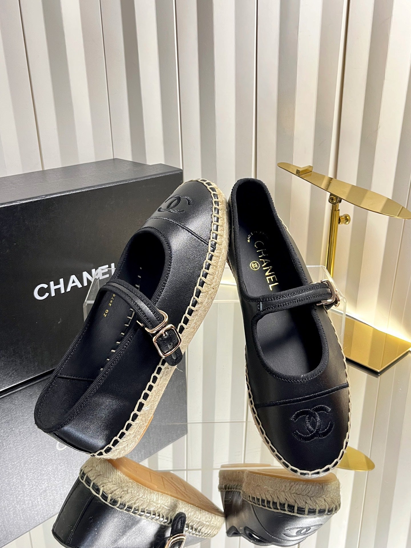 CHANEL 26S ESPADRILLE MARY JANE SHOES IN BLACK LAMBSKIN