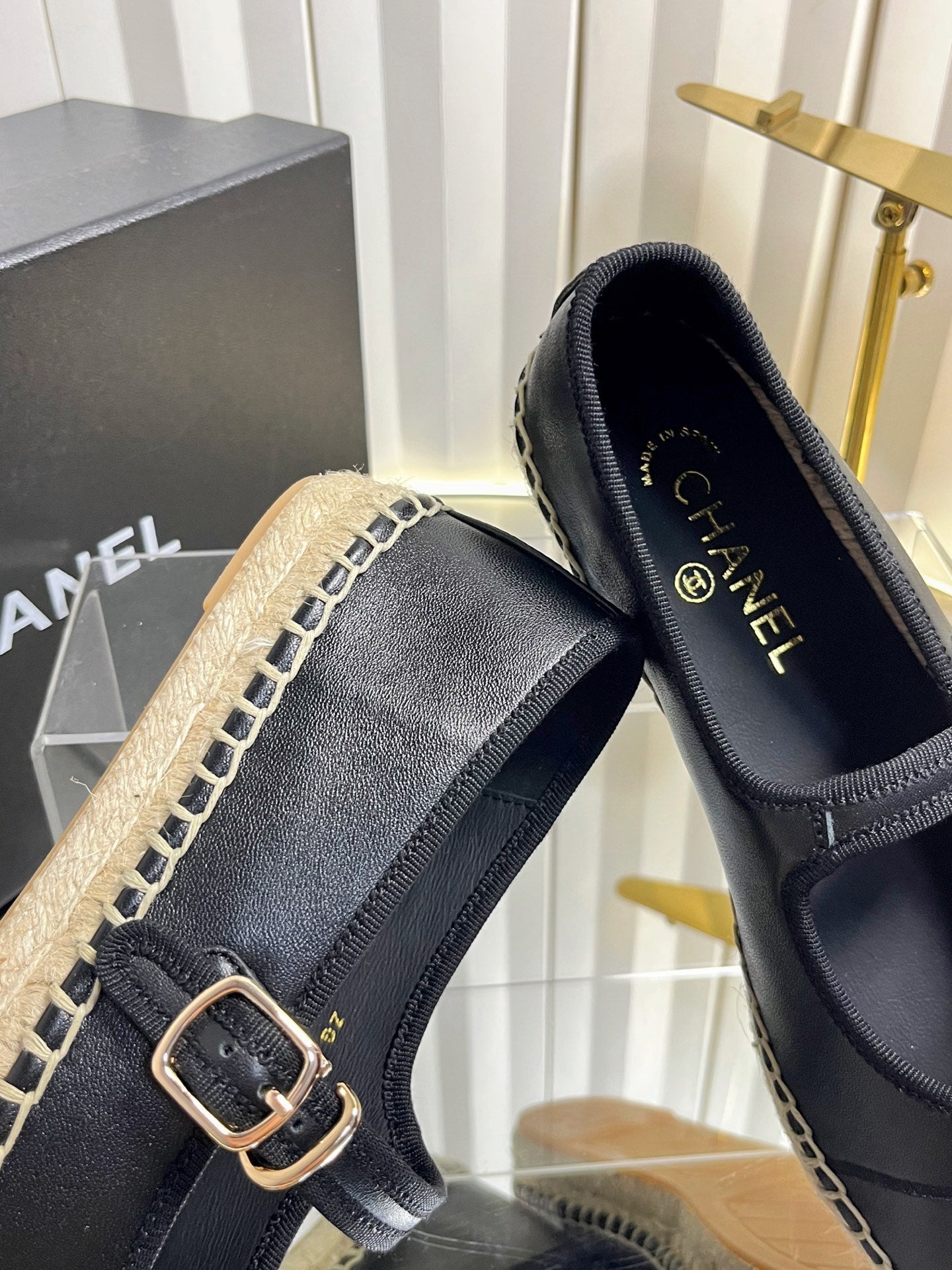 CHANEL 26S ESPADRILLE MARY JANE SHOES IN BLACK LAMBSKIN