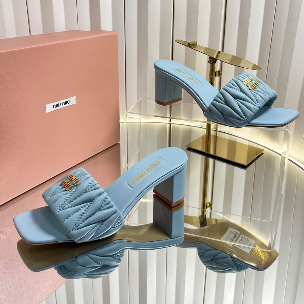 MIUMIU 26S PADDED MATELASSE MULE HEELS 65MM IN LIGHT BLUE CALFSKIN GOLD HARDWARE