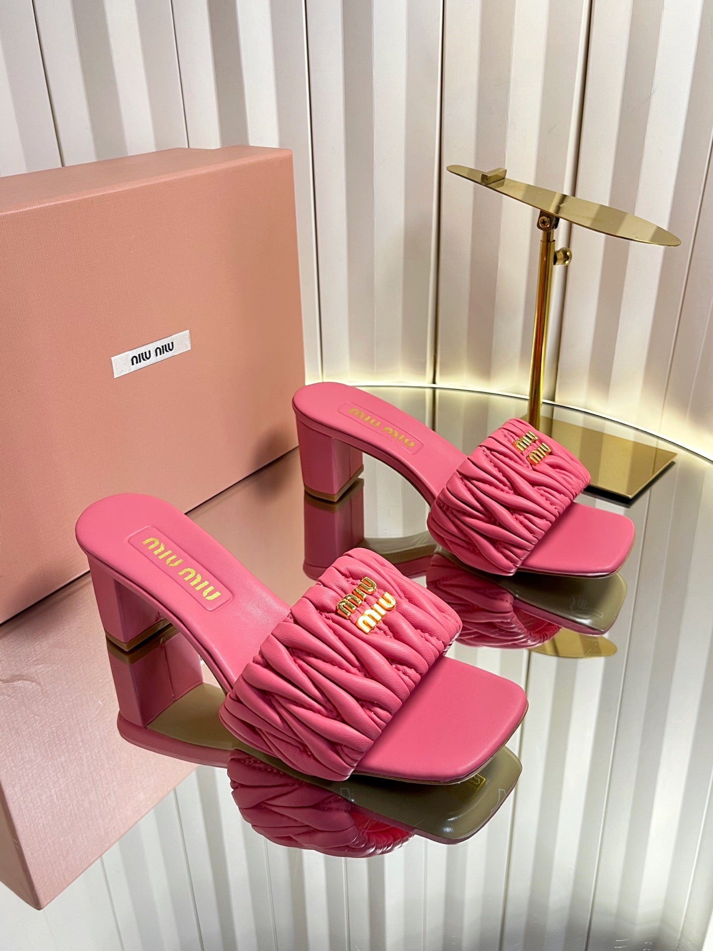 MIUMIU 26S PADDED MATELASSE MULE HEELS 65MM IN PINK CALFSKIN GOLD HARDWARE