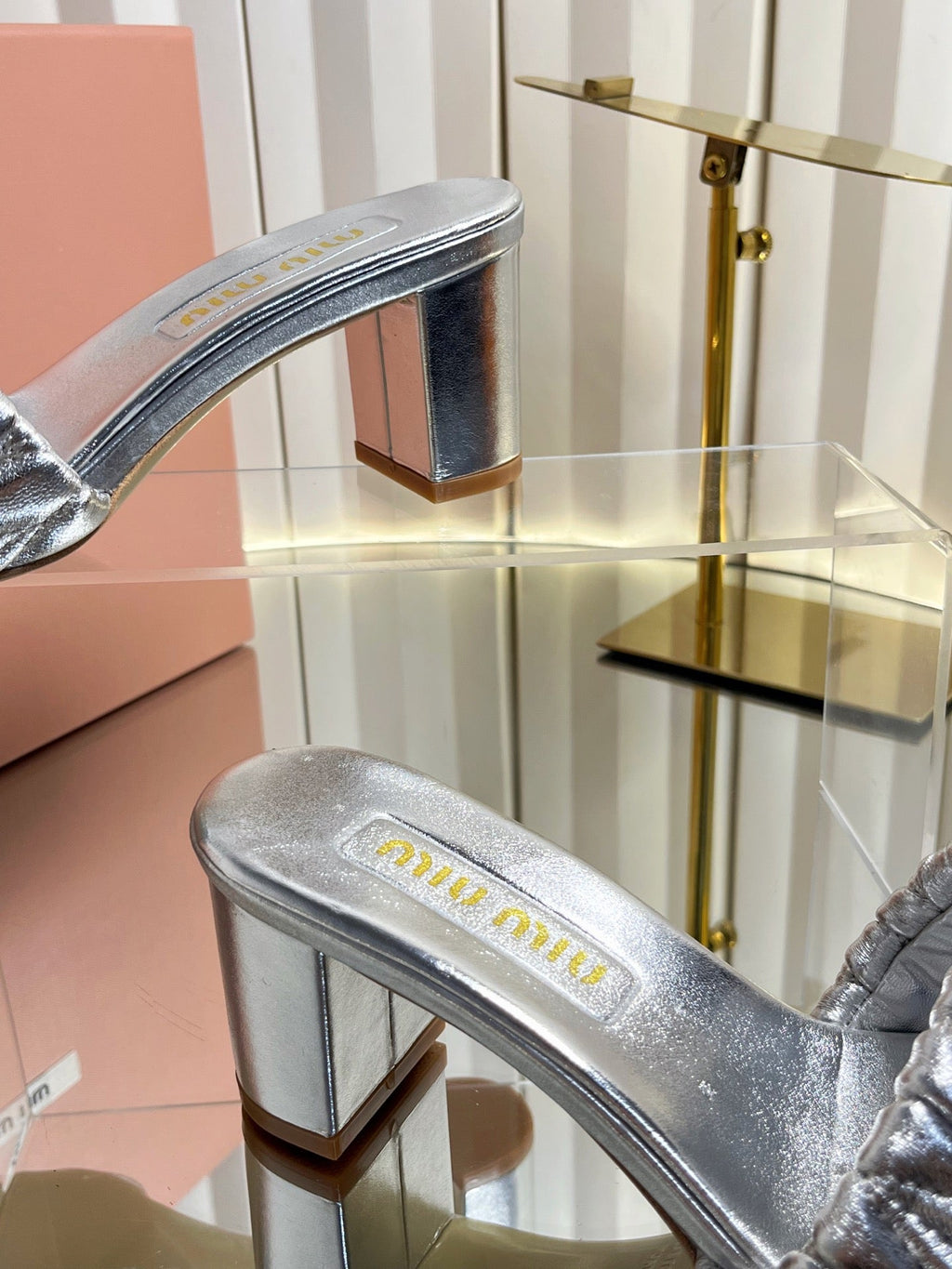 MIUMIU 26S PADDED MATELASSE MULE HEELS 65MM IN SILVER CALFSKIN GOLD HARDWARE