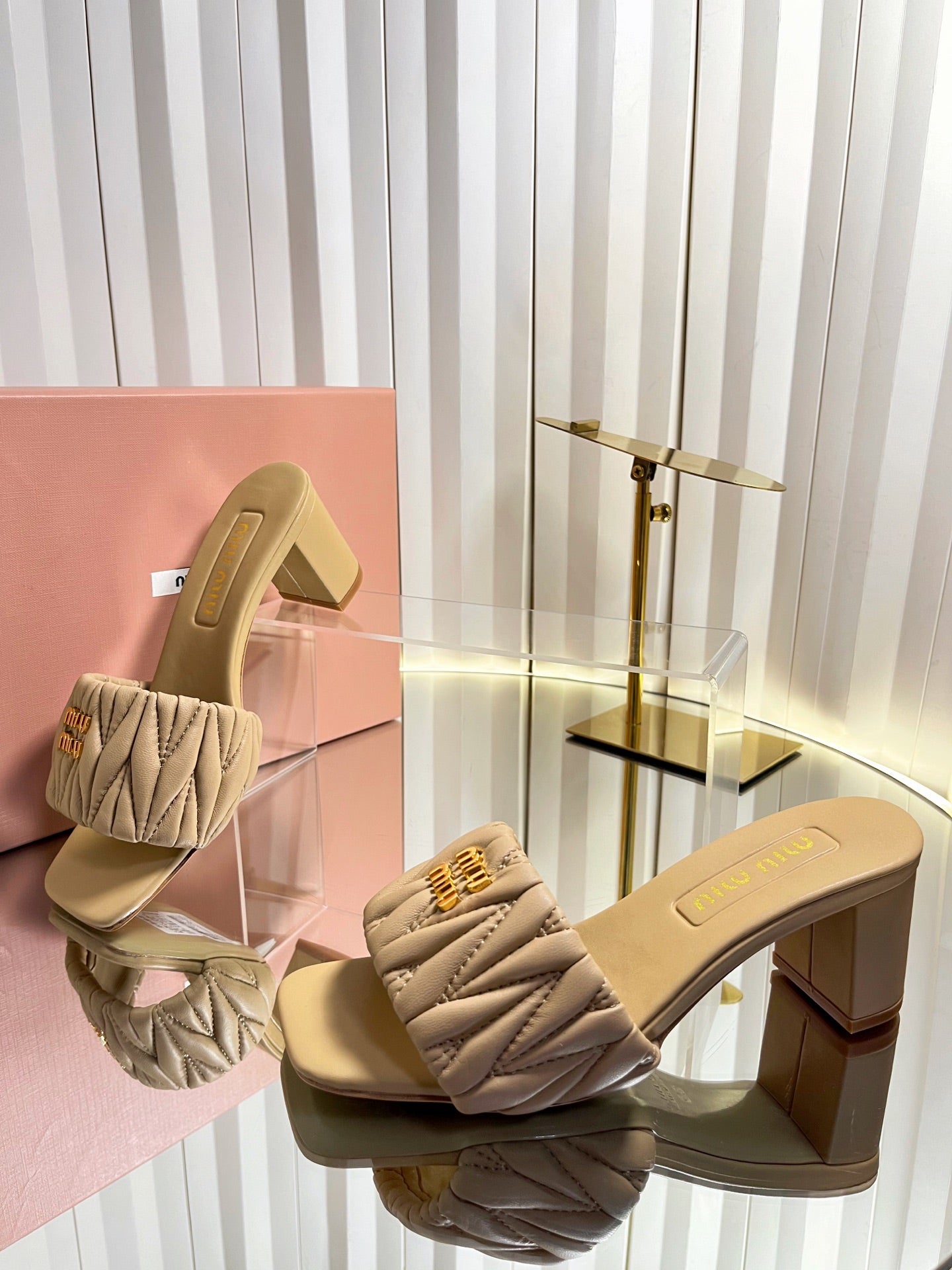 MIUMIU 26S PADDED MATELASSE MULE HEELS 65MM IN BEIGE CALFSKIN GOLD HARDWARE