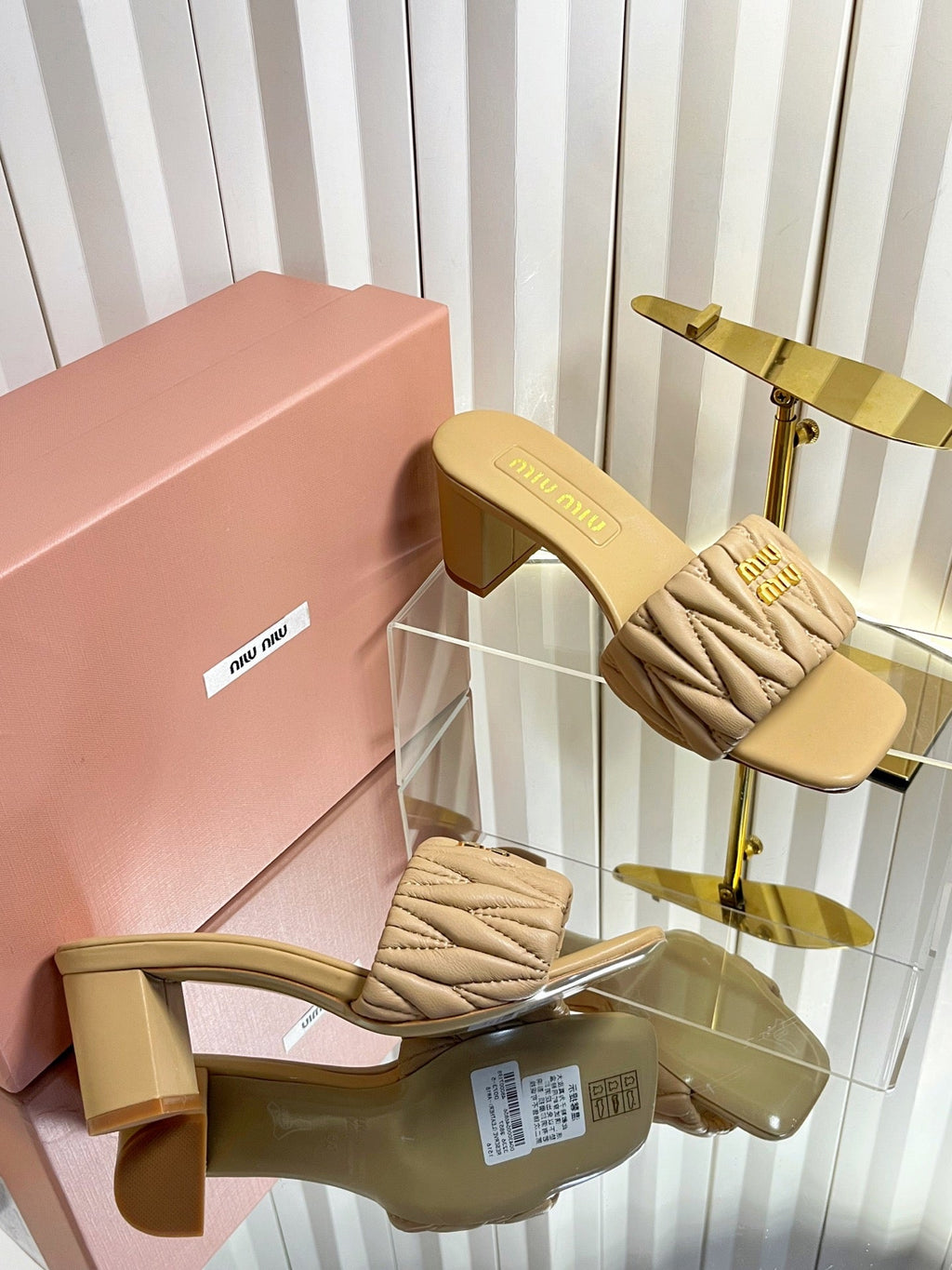 MIUMIU 26S PADDED MATELASSE MULE HEELS 65MM IN BEIGE CALFSKIN GOLD HARDWARE