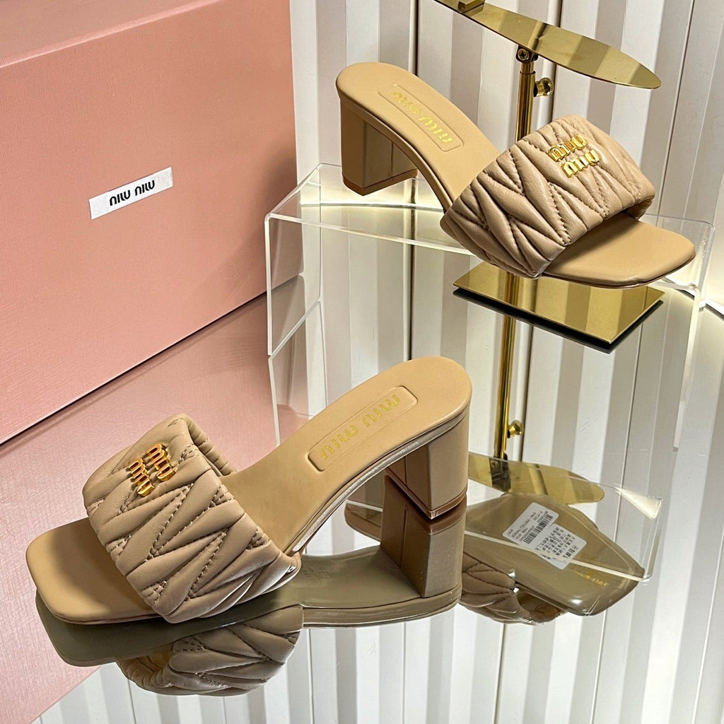 MIUMIU 26S PADDED MATELASSE MULE HEELS 65MM IN BEIGE CALFSKIN GOLD HARDWARE