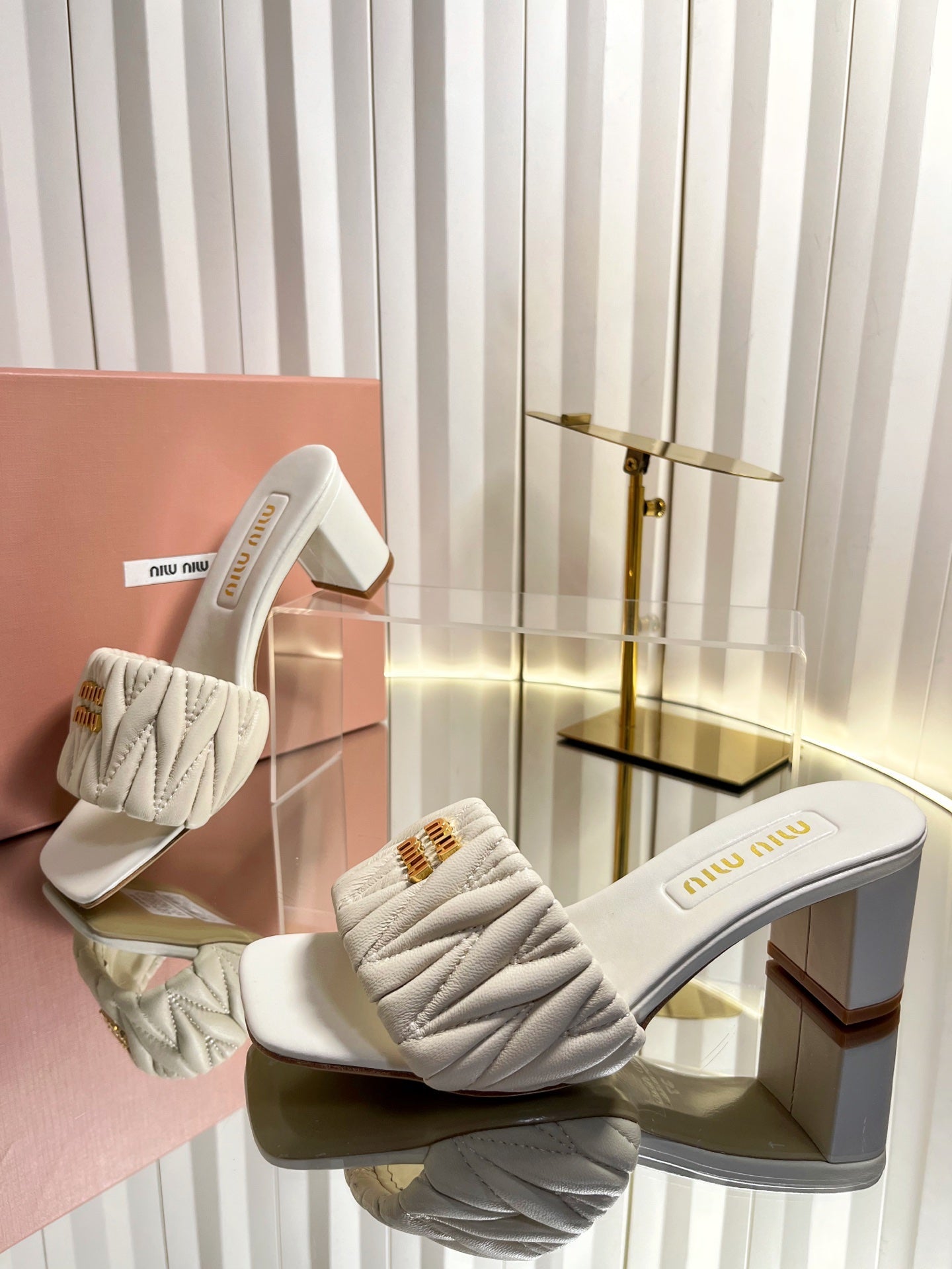 MIUMIU 26S PADDED MATELASSE MULE HEELS 65MM IN LIGHT BEIGE CALFSKIN GOLD HARDWARE