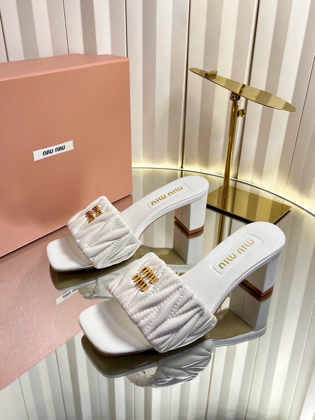 MIUMIU 26S PADDED MATELASSE MULE HEELS 65MM IN WHITE CALFSKIN GOLD HARDWARE