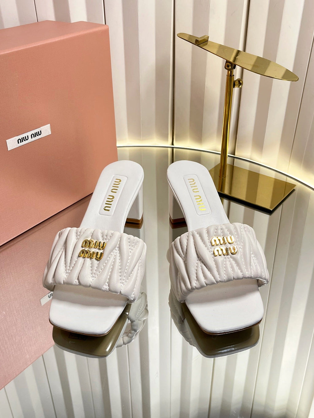 MIUMIU 26S PADDED MATELASSE MULE HEELS 65MM IN WHITE CALFSKIN GOLD HARDWARE