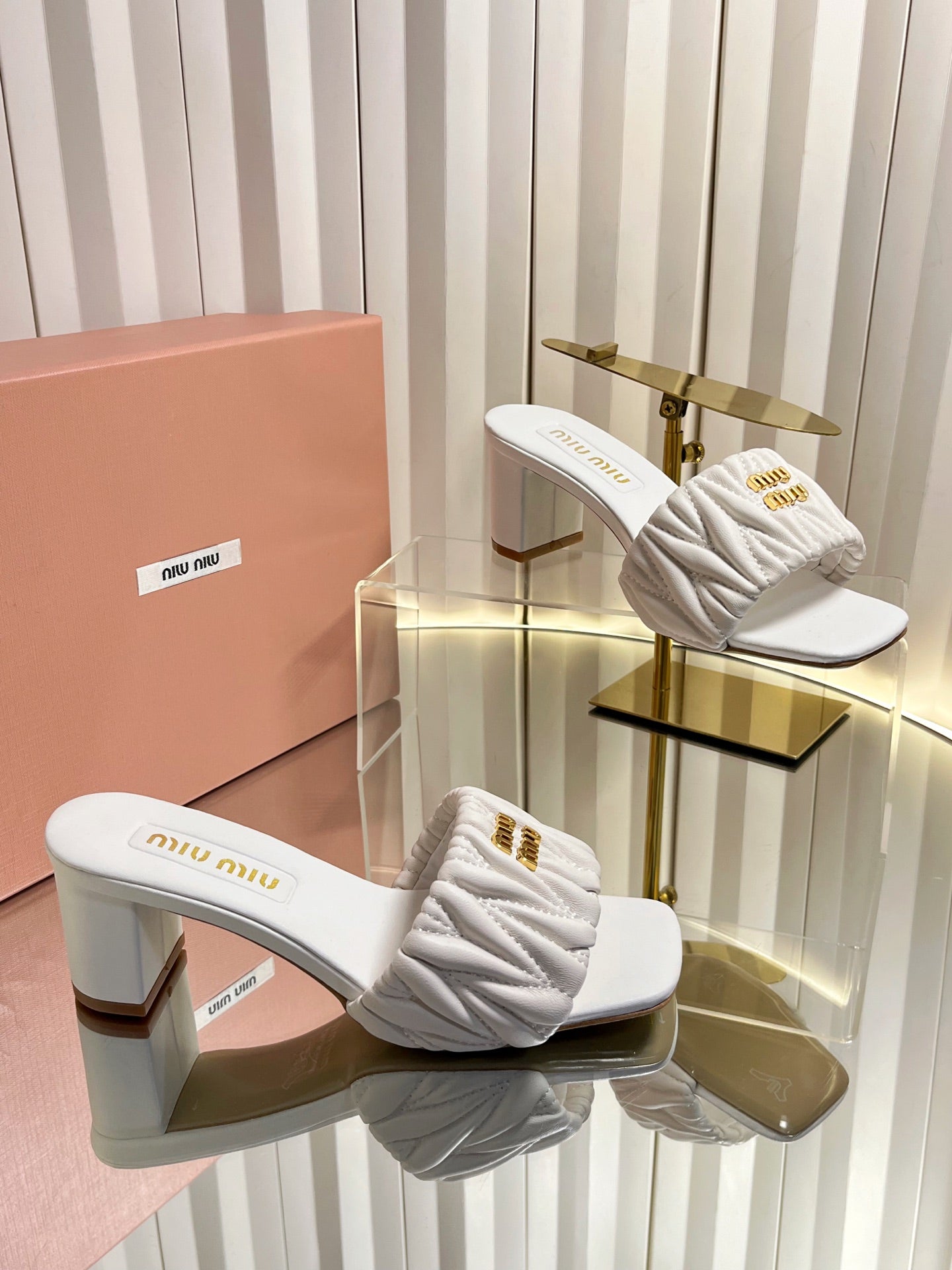MIUMIU 26S PADDED MATELASSE MULE HEELS 65MM IN WHITE CALFSKIN GOLD HARDWARE