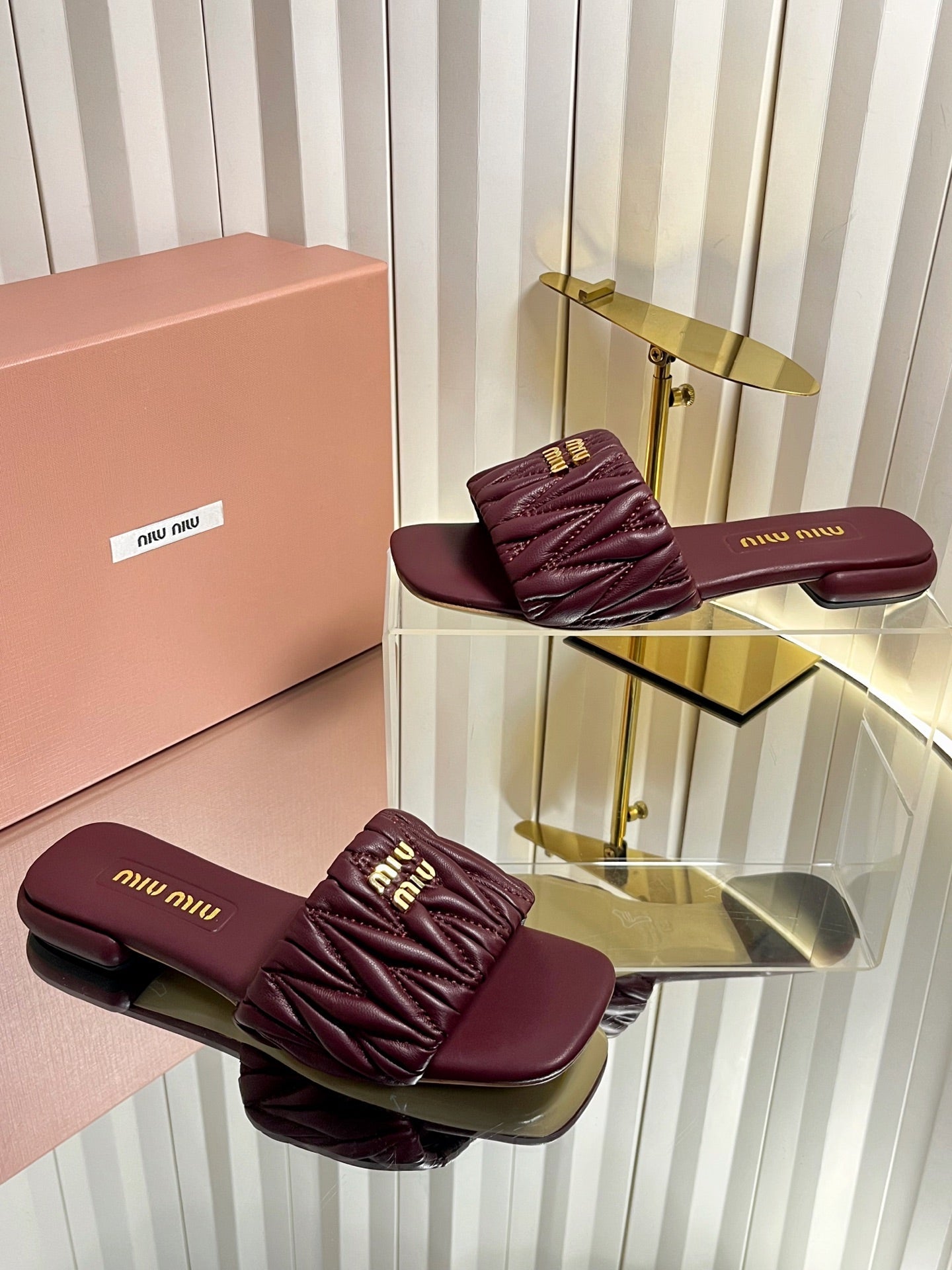 MIUMIU 26S MATELASSE SLIDES IN BURGUNDY RED CALFSKIN GOLD HARDWARE