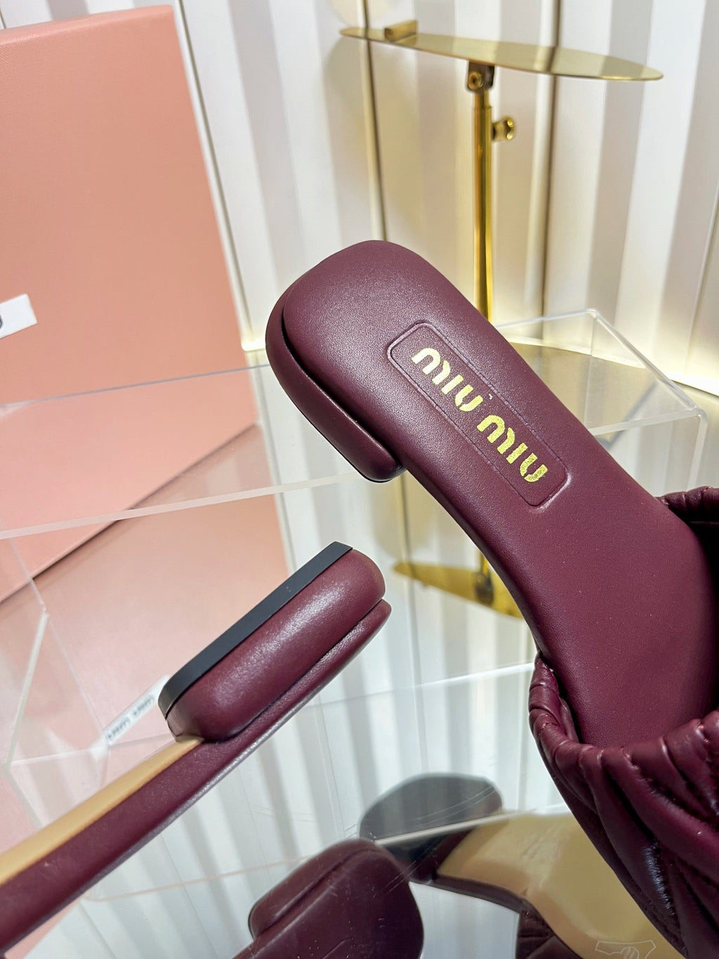 MIUMIU 26S MATELASSE SLIDES IN BURGUNDY RED CALFSKIN GOLD HARDWARE