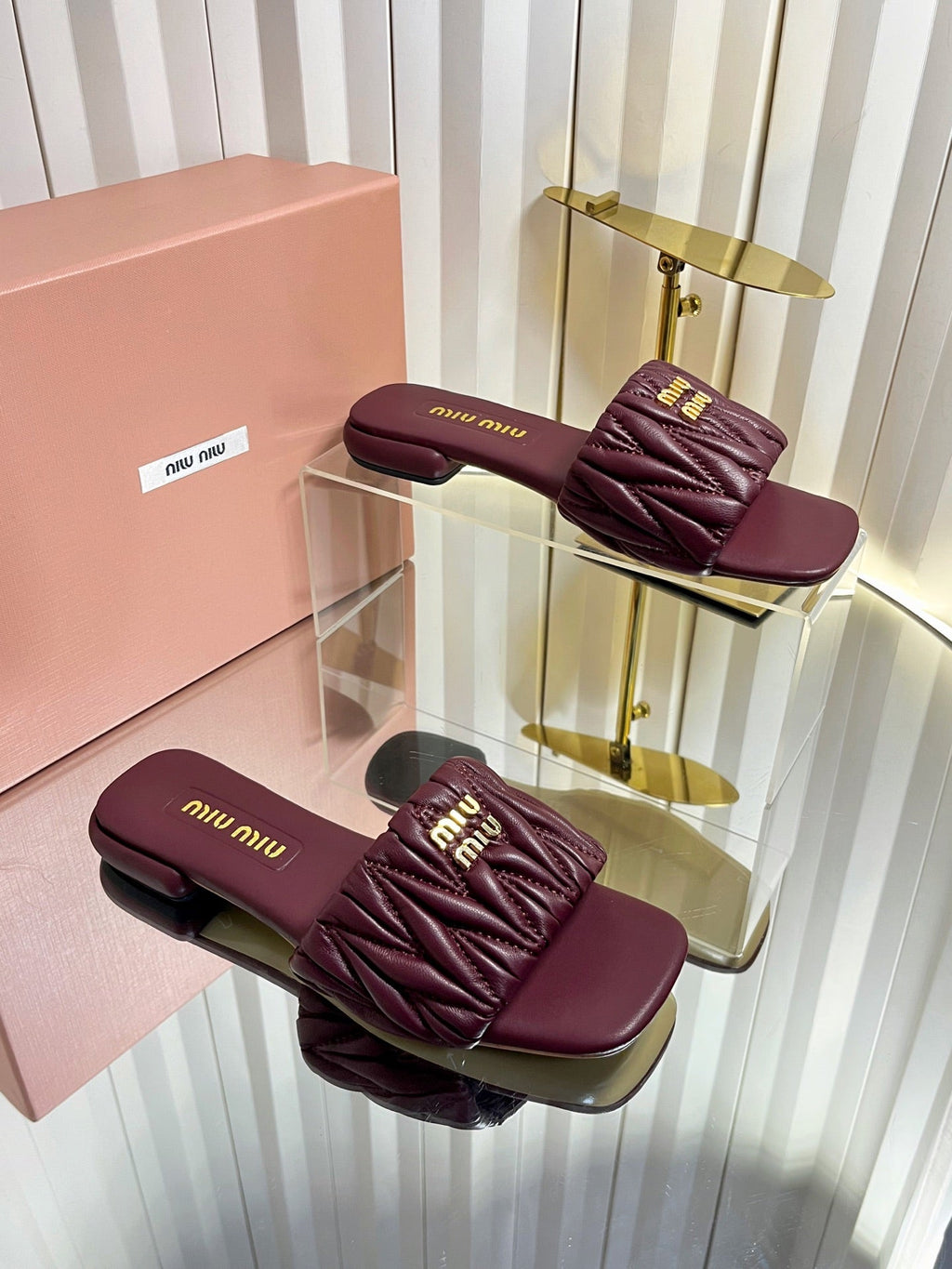 MIUMIU 26S MATELASSE SLIDES IN BURGUNDY RED CALFSKIN GOLD HARDWARE