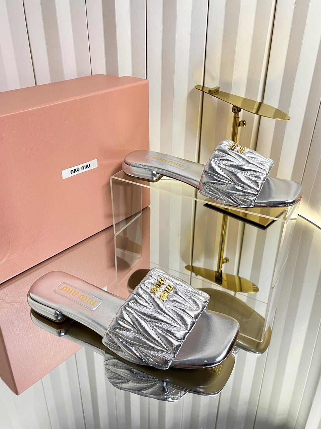 MIUMIU 26S MATELASSE SLIDES IN SILVER CALFSKIN GOLD HARDWARE