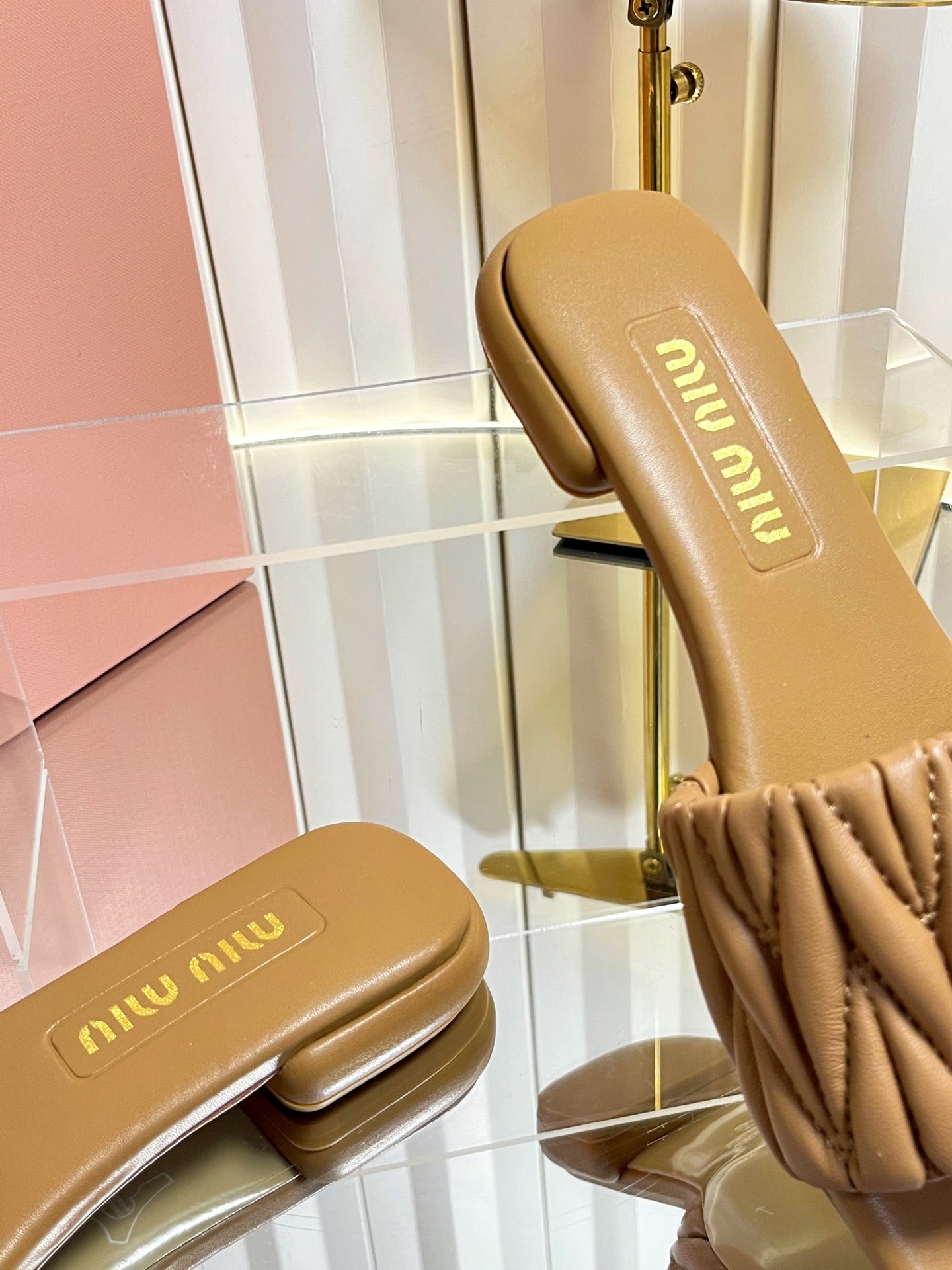 MIUMIU 26S MATELASSE SLIDES IN TAN BROWN CALFSKIN GOLD HARDWARE
