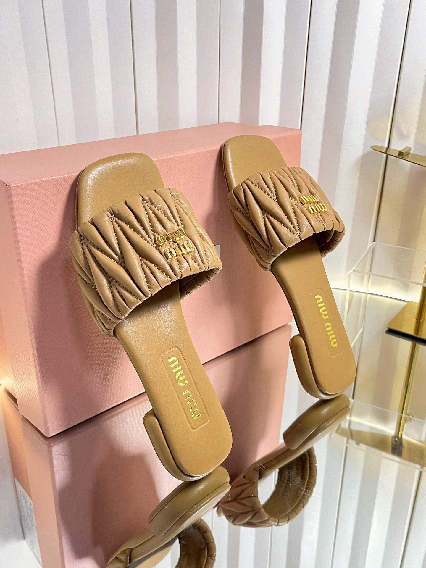 MIUMIU 26S MATELASSE SLIDES IN TAN BROWN CALFSKIN GOLD HARDWARE