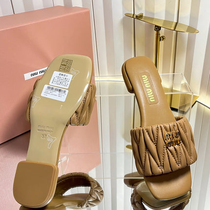 MIUMIU 26S MATELASSE SLIDES IN TAN BROWN CALFSKIN GOLD HARDWARE