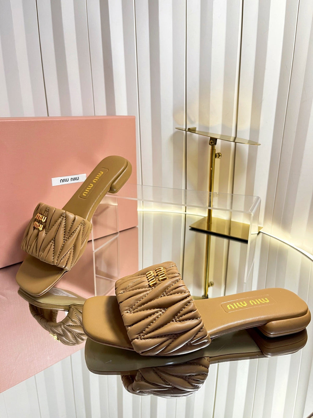 MIUMIU 26S MATELASSE SLIDES IN TAN BROWN CALFSKIN GOLD HARDWARE