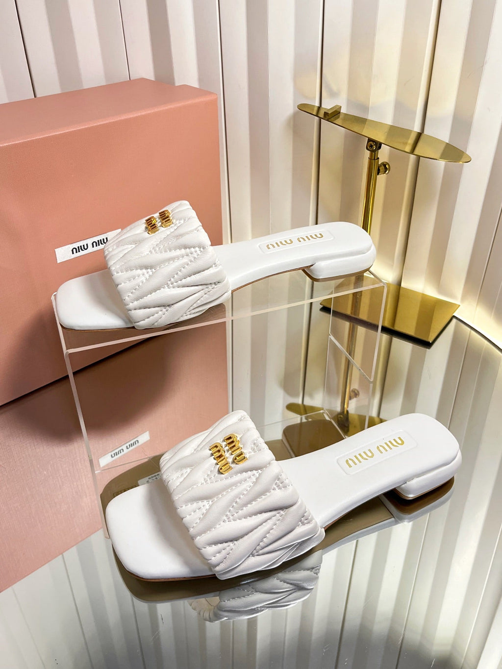 MIUMIU 26S MATELASSE SLIDES IN IVORY WHITE CALFSKIN GOLD HARDWARE