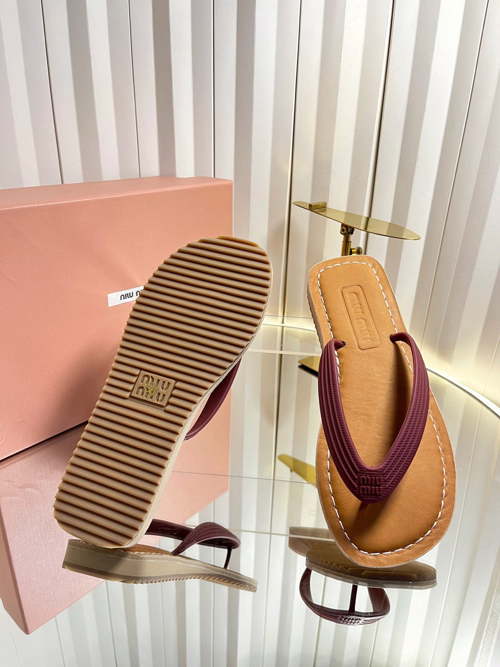 MIUMIU 26S THONG FLAT SANDALS IN BURGUNDY RED CALFSKIN