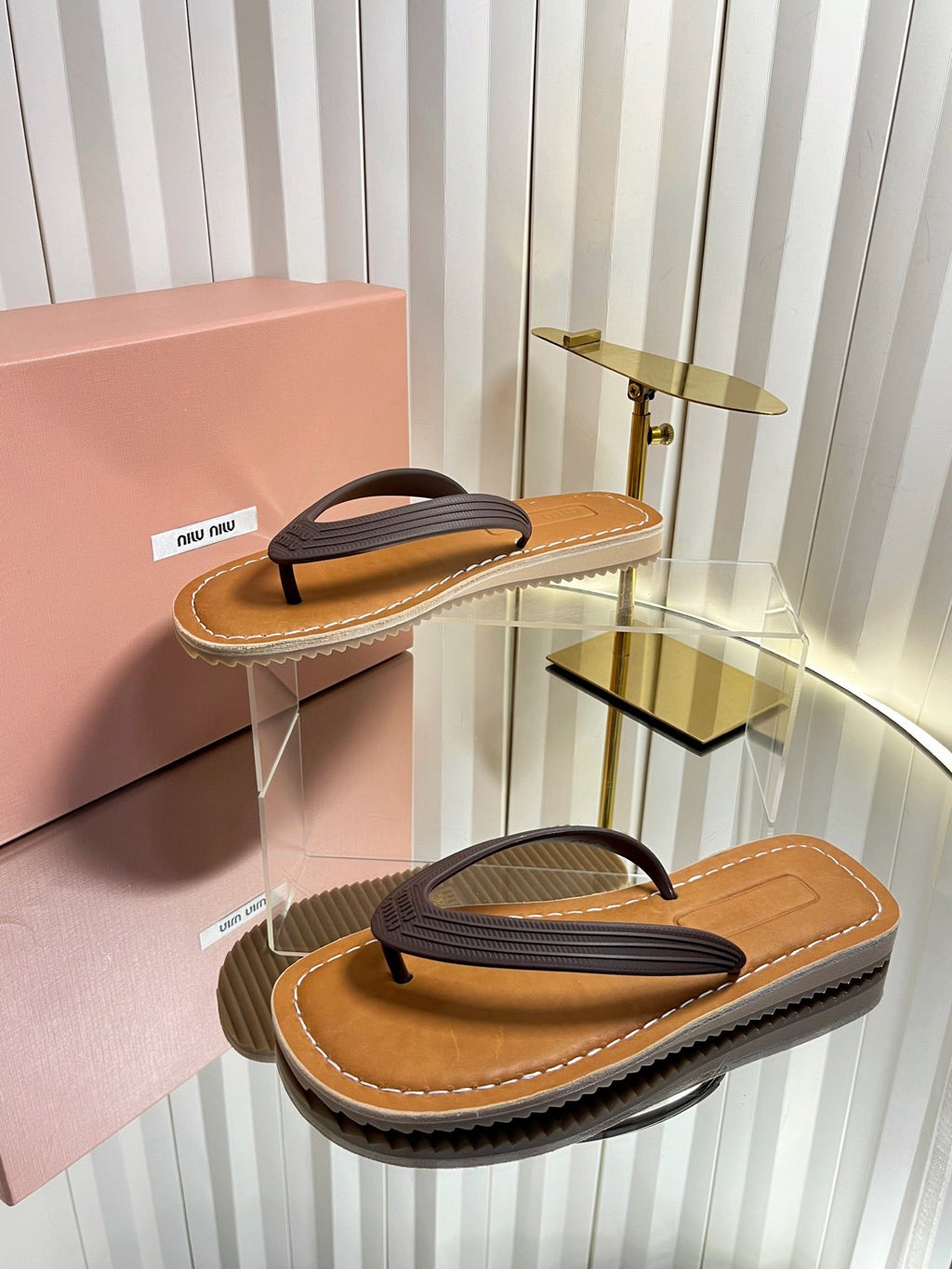 MIUMIU 26S THONG FLAT SANDALS IN DARK BROWN CALFSKIN