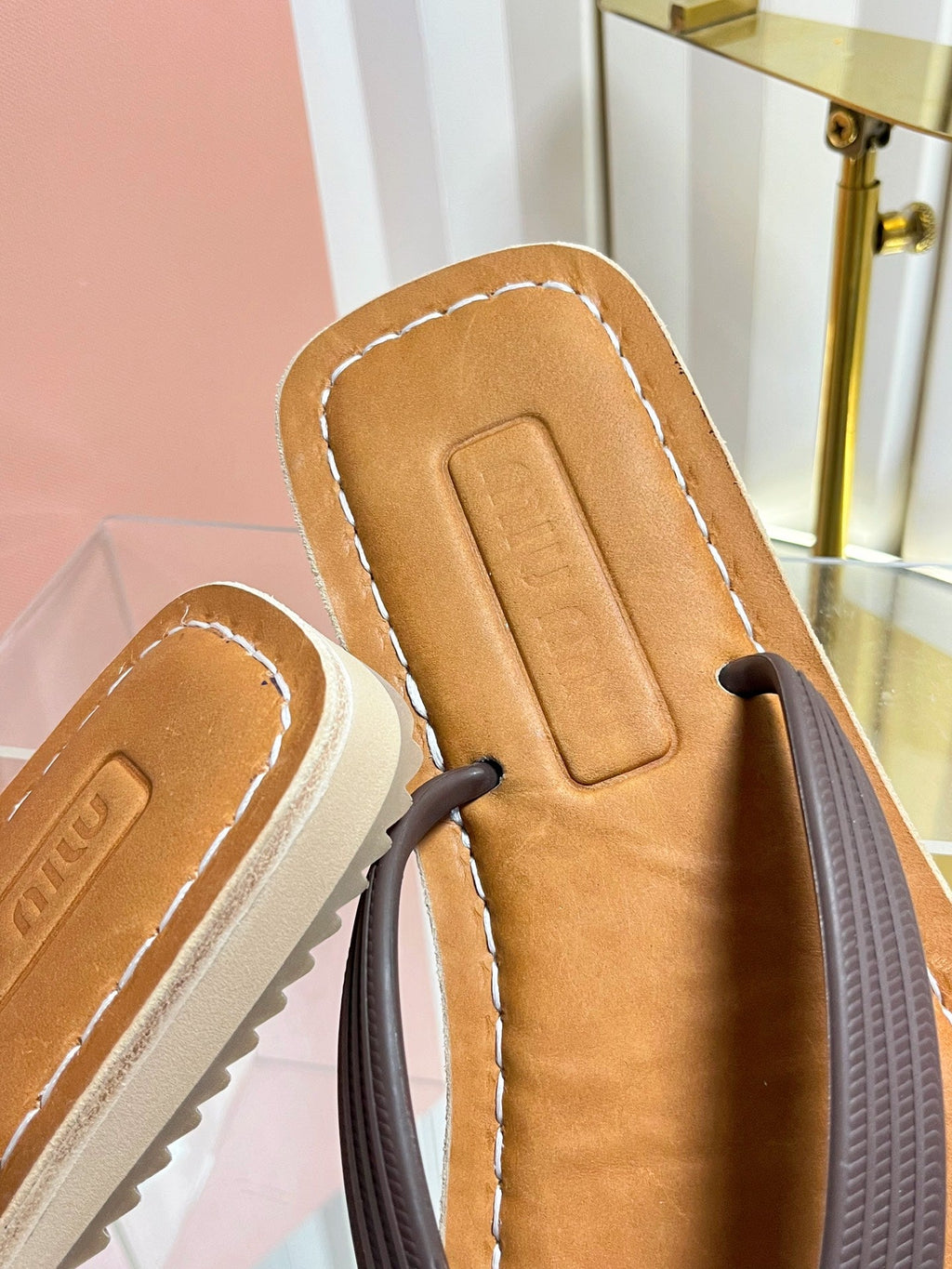 MIUMIU 26S THONG FLAT SANDALS IN DARK BROWN CALFSKIN