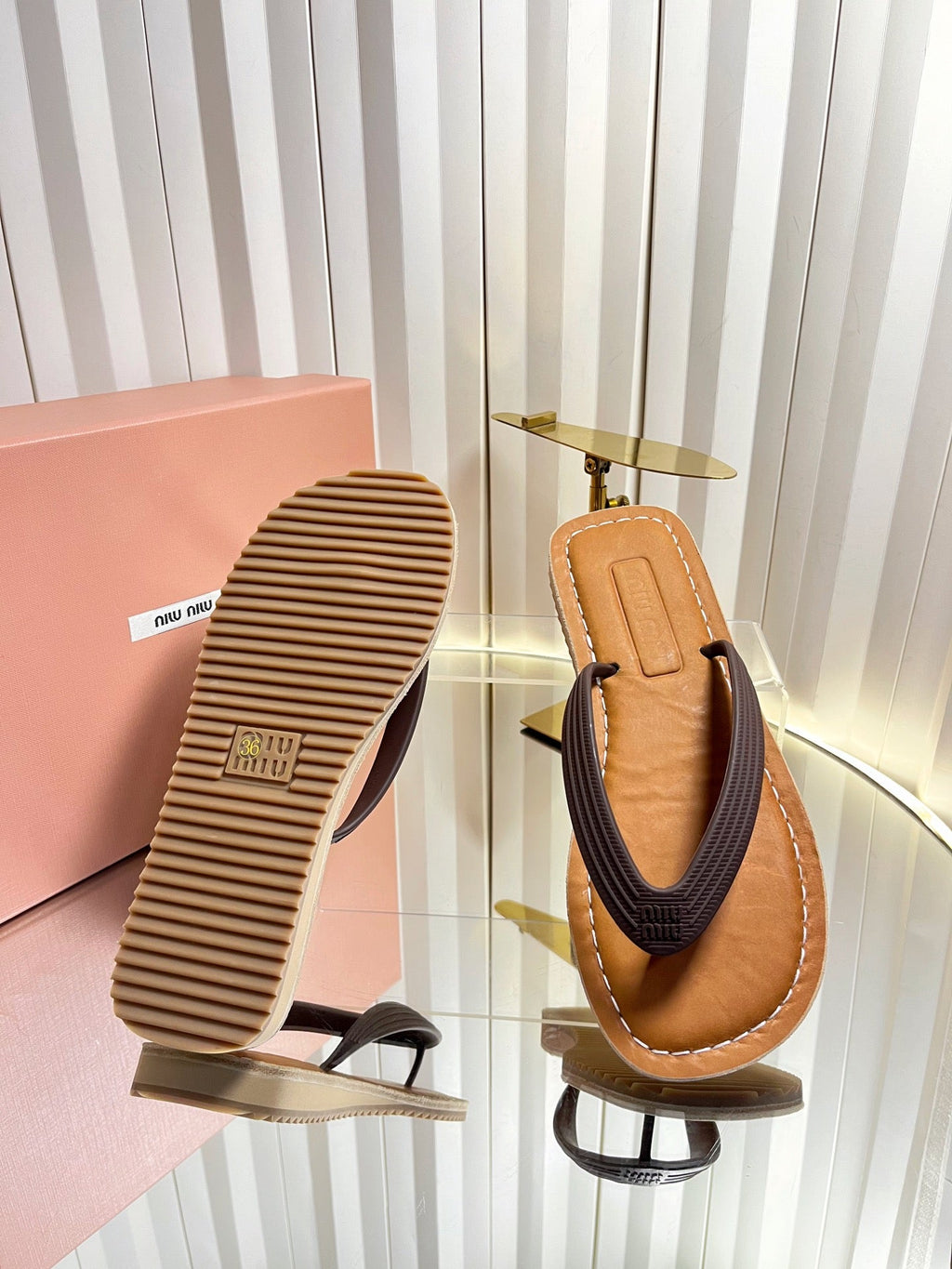 MIUMIU 26S THONG FLAT SANDALS IN DARK BROWN CALFSKIN
