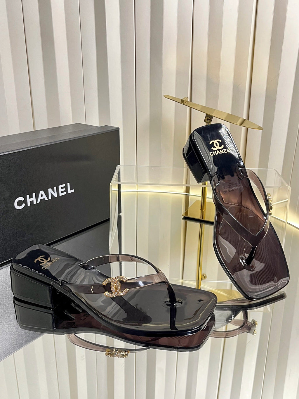 CHANEL 26S TRANSPARENT THONG SANDALS IN BLACK PVC