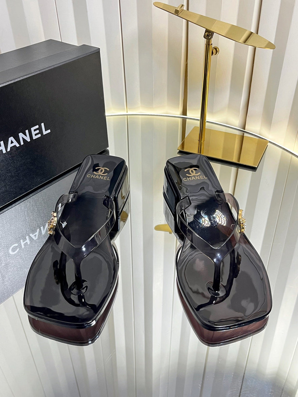 CHANEL 26S TRANSPARENT THONG SANDALS IN BLACK PVC
