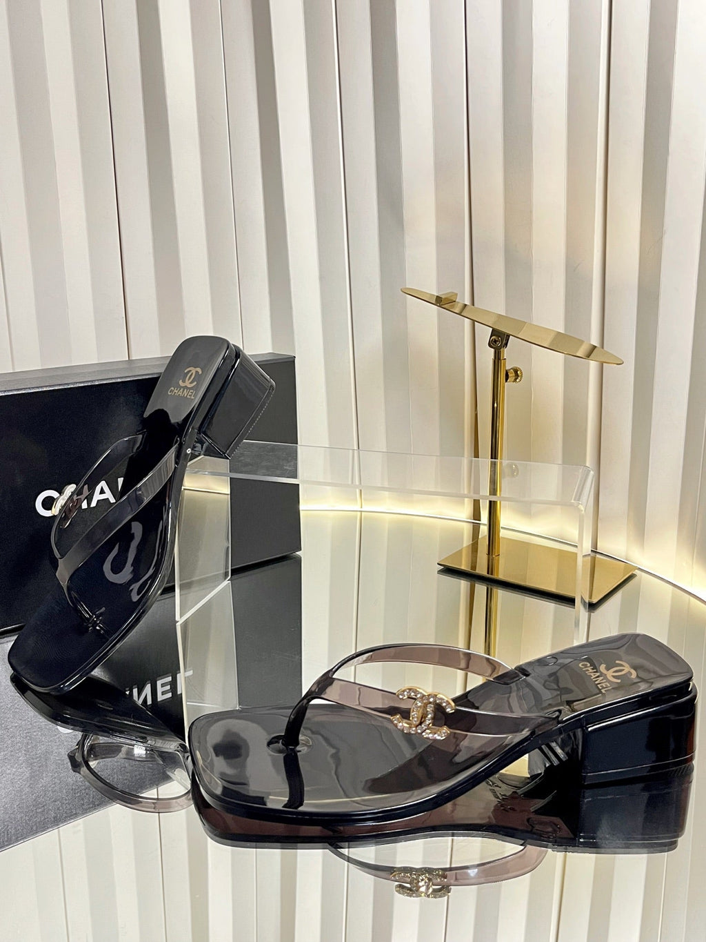 CHANEL 26S TRANSPARENT THONG SANDALS IN BLACK PVC