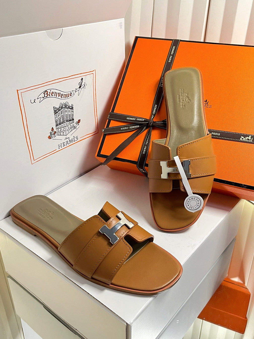 HM 26S ORAN SANDALS IN CARAMEL BROWN CALFSKIN SILVER HARDWARE