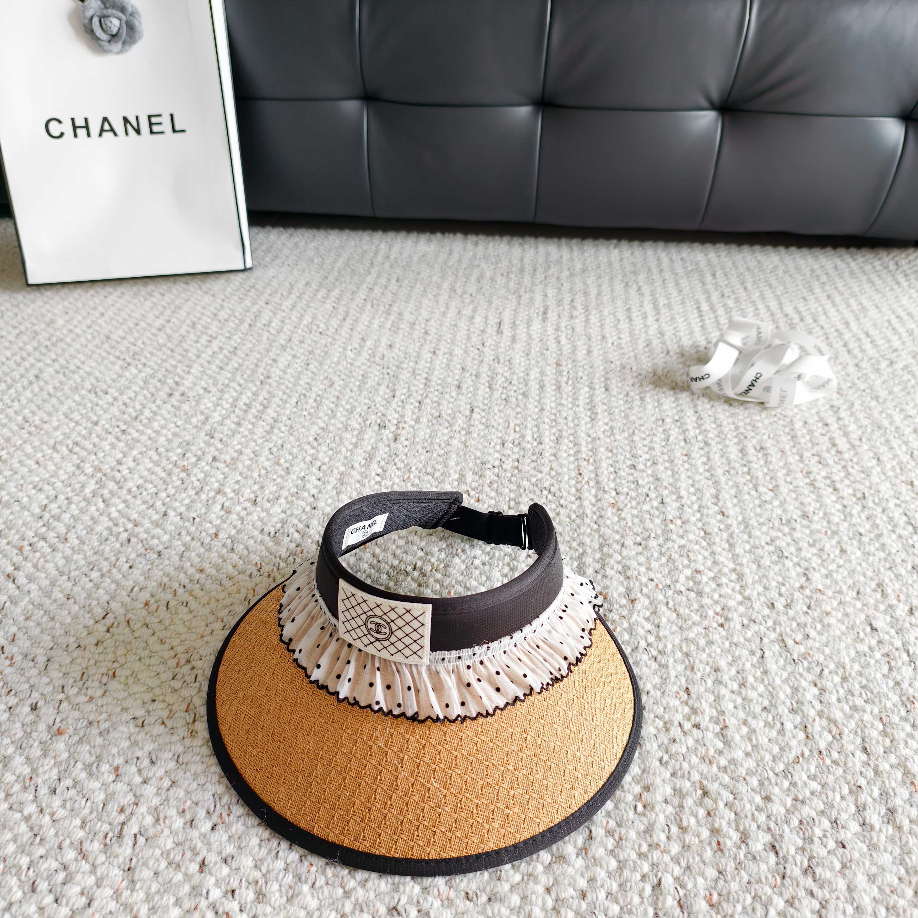 CHANEL 26S RUFFLED POLKA DOT STRIP VISOR HAT 336142