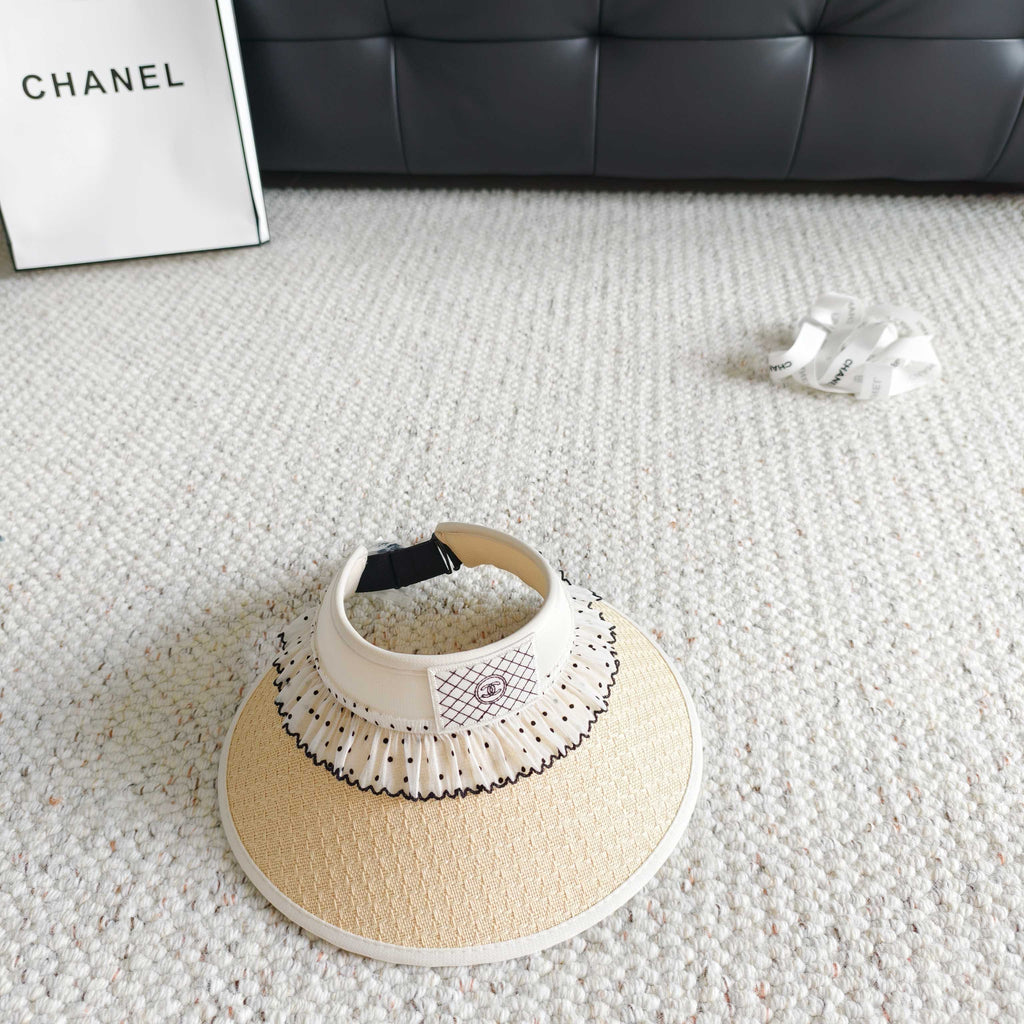 CHANEL 26S RUFFLED POLKA DOT STRIP VISOR HAT 336143