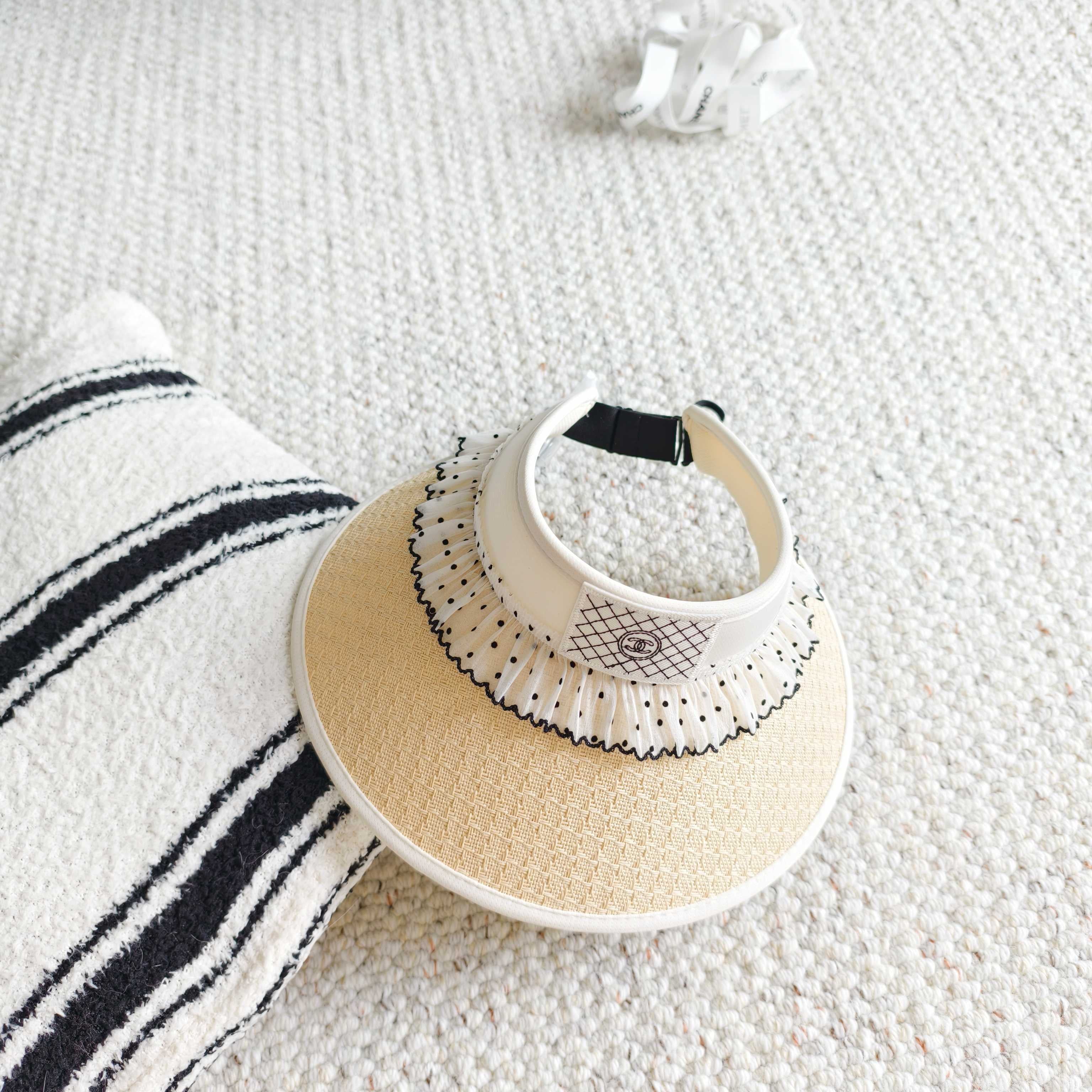 CHANEL 26S RUFFLED POLKA DOT STRIP VISOR HAT 336143
