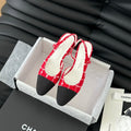 HIGH SLINGBACK IN CHERRY RED TWEED AND BLACK LAMBSKIN