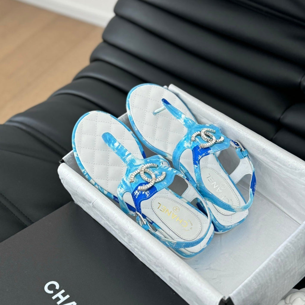 Double C Classic One-Strap Sandals White Sky Blue Lambskin