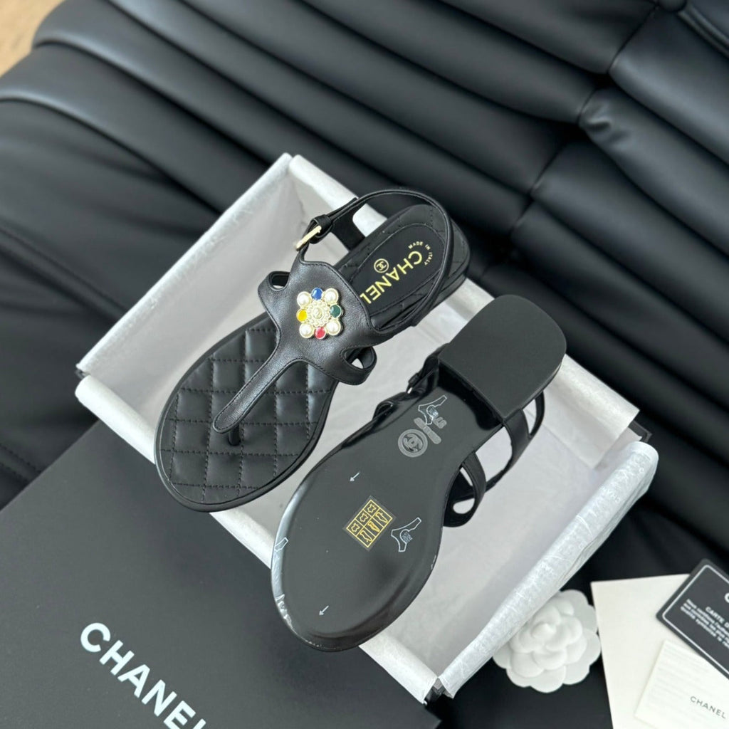 Double C Classic One-Strap Sandals Black Lambskin