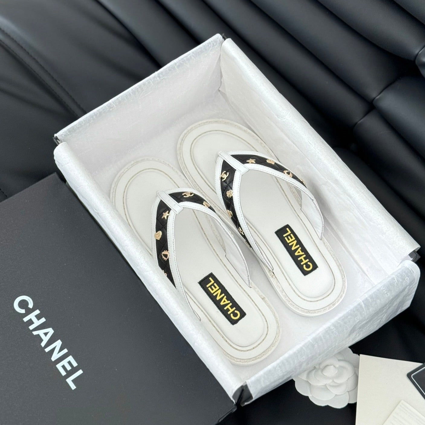 Double C Thong Sandals Lambskin White Black