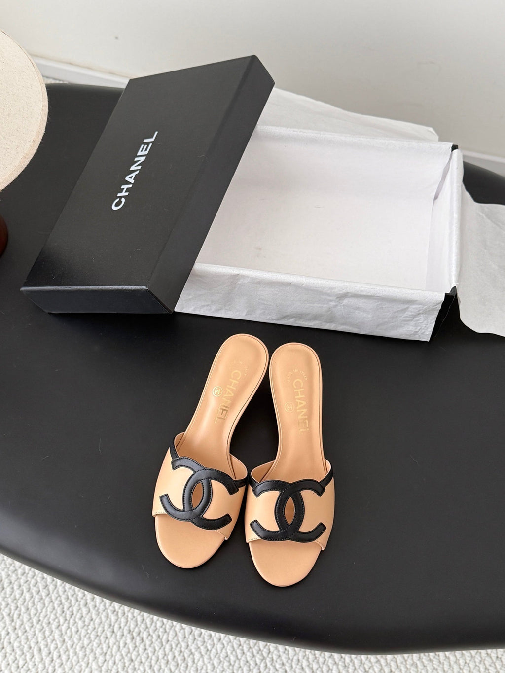 CHANEL HIGH MULES IN BEIGE MIX BLACK CALFSKIN